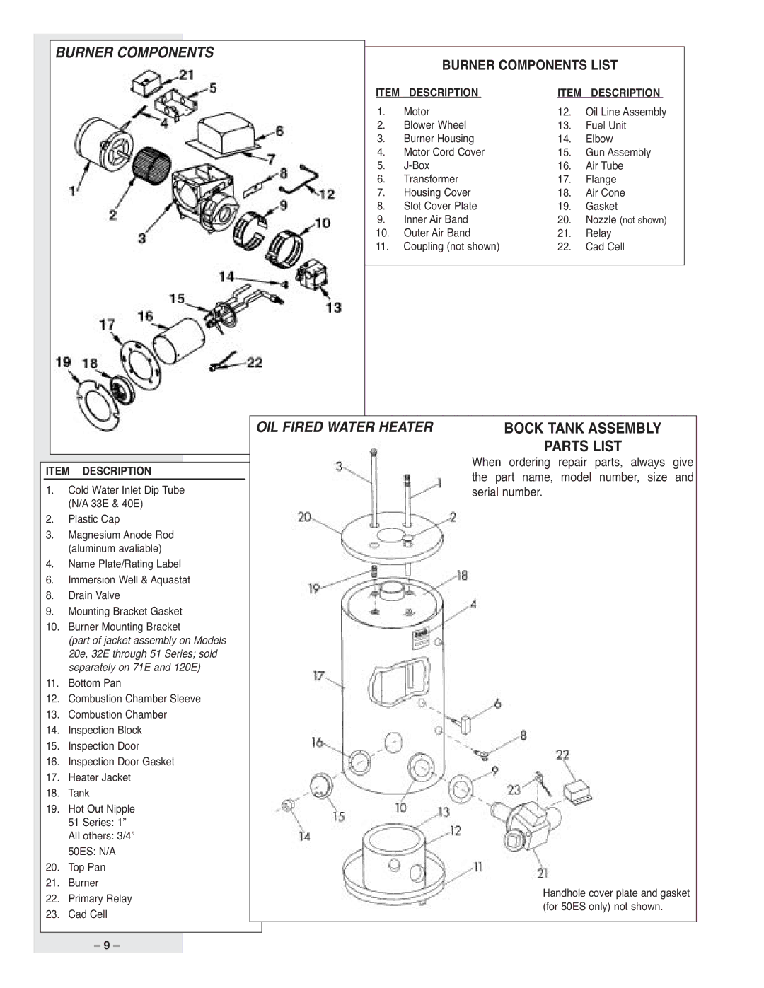 Bock Water heaters 32EC, 50ESC, 51PP, 40PP, 33PP, 51EC, 40E, 20E, 33E, 32PPC, 20PP Burner Components, OIL Fired Water Heater 