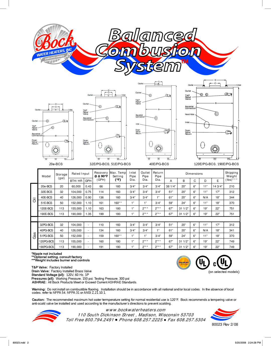 Bock Water heaters 40PG-BCS, 51E-BCS, 51PG-BCS, 40E-BCS, 32PG-BCS, 190E-BCS, 120PG-BCS, 190PG-BCS, 32E-BCS, 120E-BCS Oil, Gas 