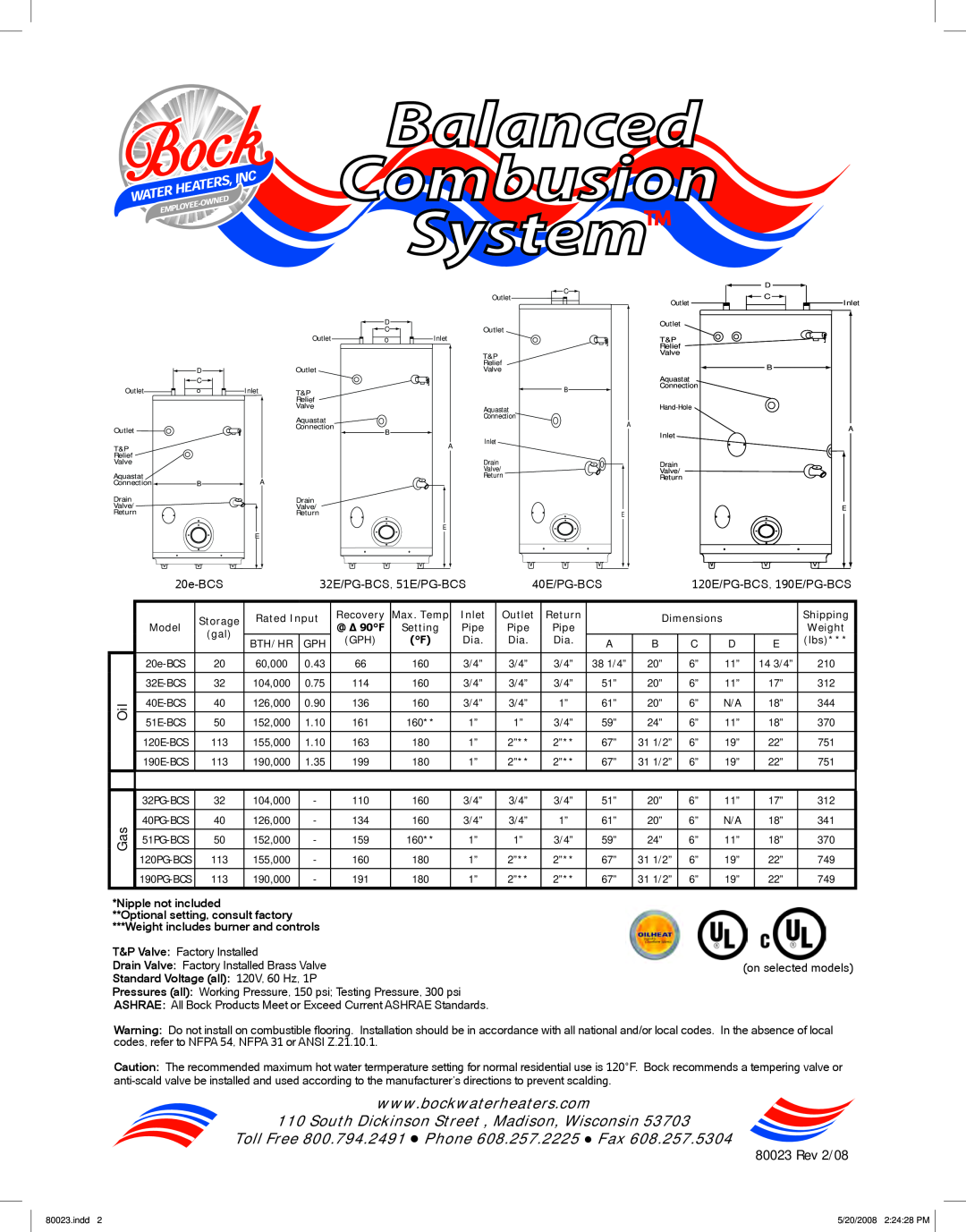 Bock Water heaters 40PG-BCS, 51E-BCS Balanced Combusion System, South Dickinson Street , Madison, Wisconsin, Rev 2/08 