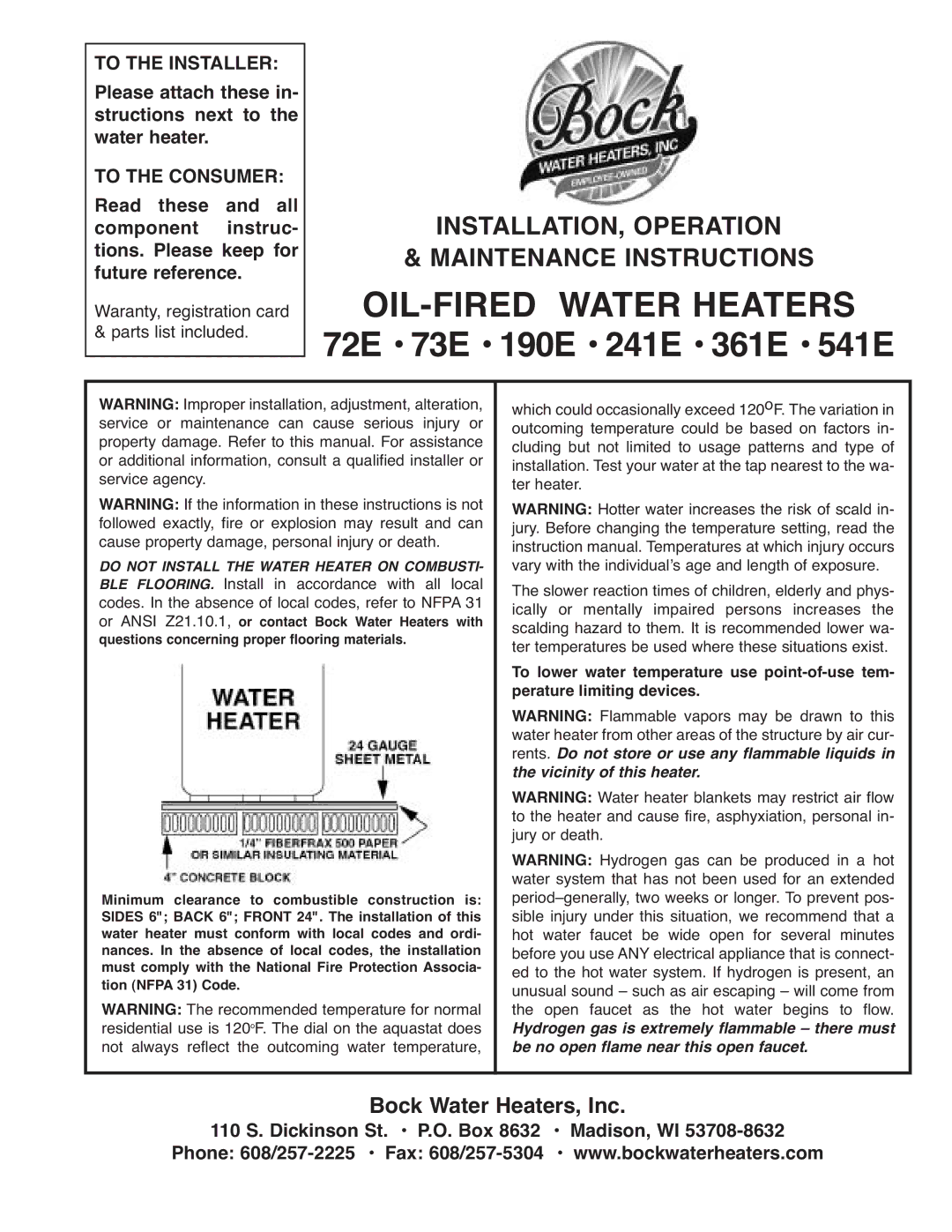 Bock Water heaters 72E, 541E instruction manual Or Ansi Z21.10.1, or contact Bock Water Heaters with, Tion Nfpa 31 Code 