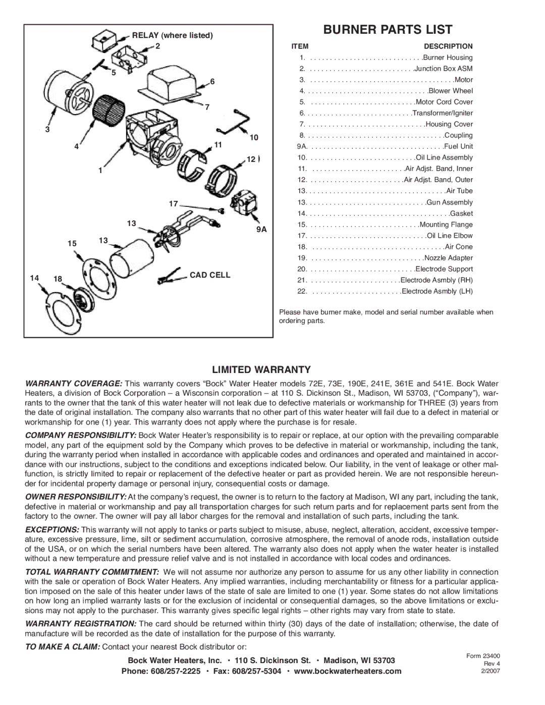 Bock Water heaters 361E, 541E, 72E, 73E, 241E Burner Parts List, Limited Warranty, Relay whe re listed, Description 