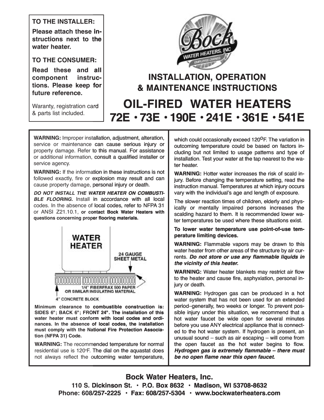 Bock Water heaters instruction manual Bock Water Heaters, Inc, Oil-Fired Water Heaters, 72E 73E 190E 241E 361E 541E 