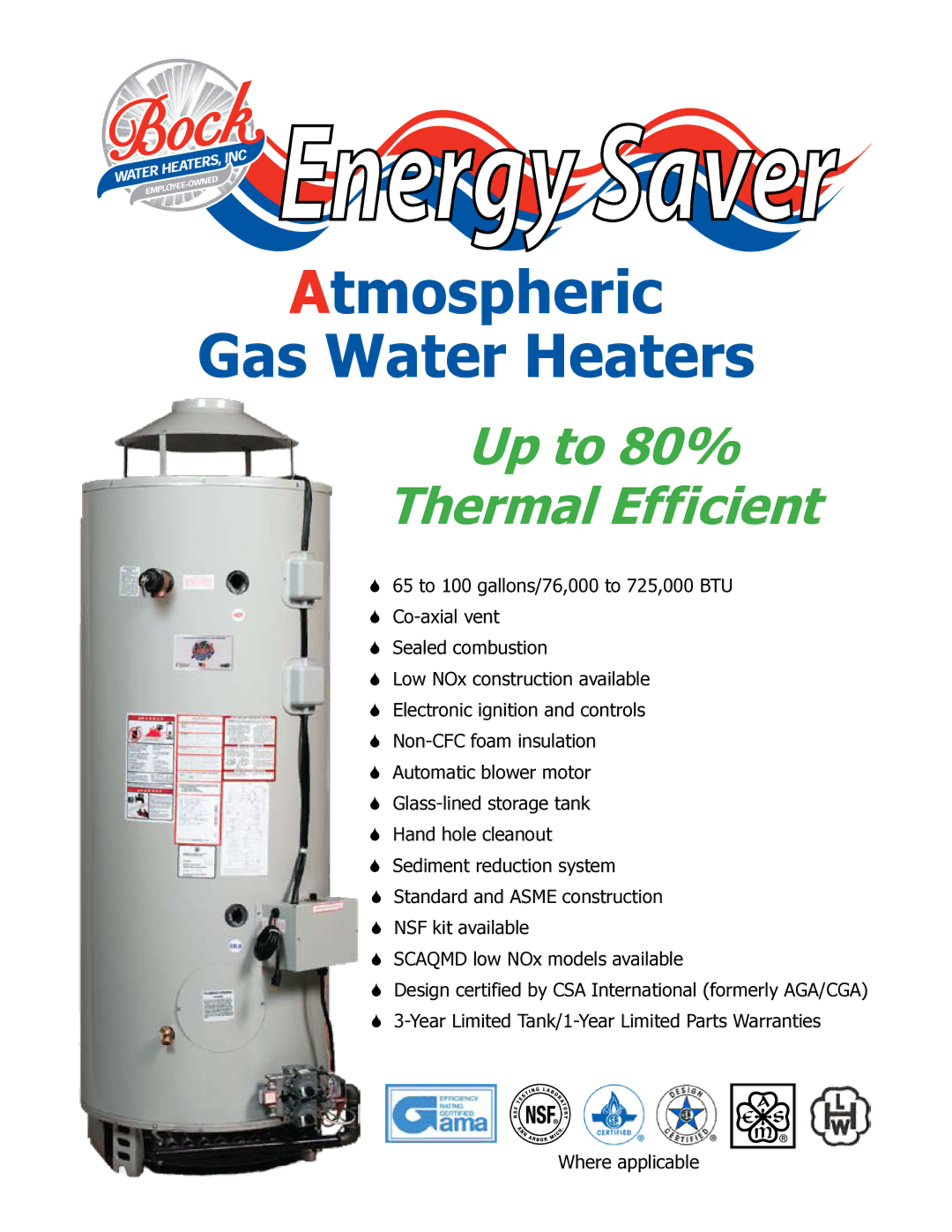 Bock Water heaters 66W-399 manual Energy Saver, Atmospheric Gas Water Heaters, Up to 80% Thermal Efficient 