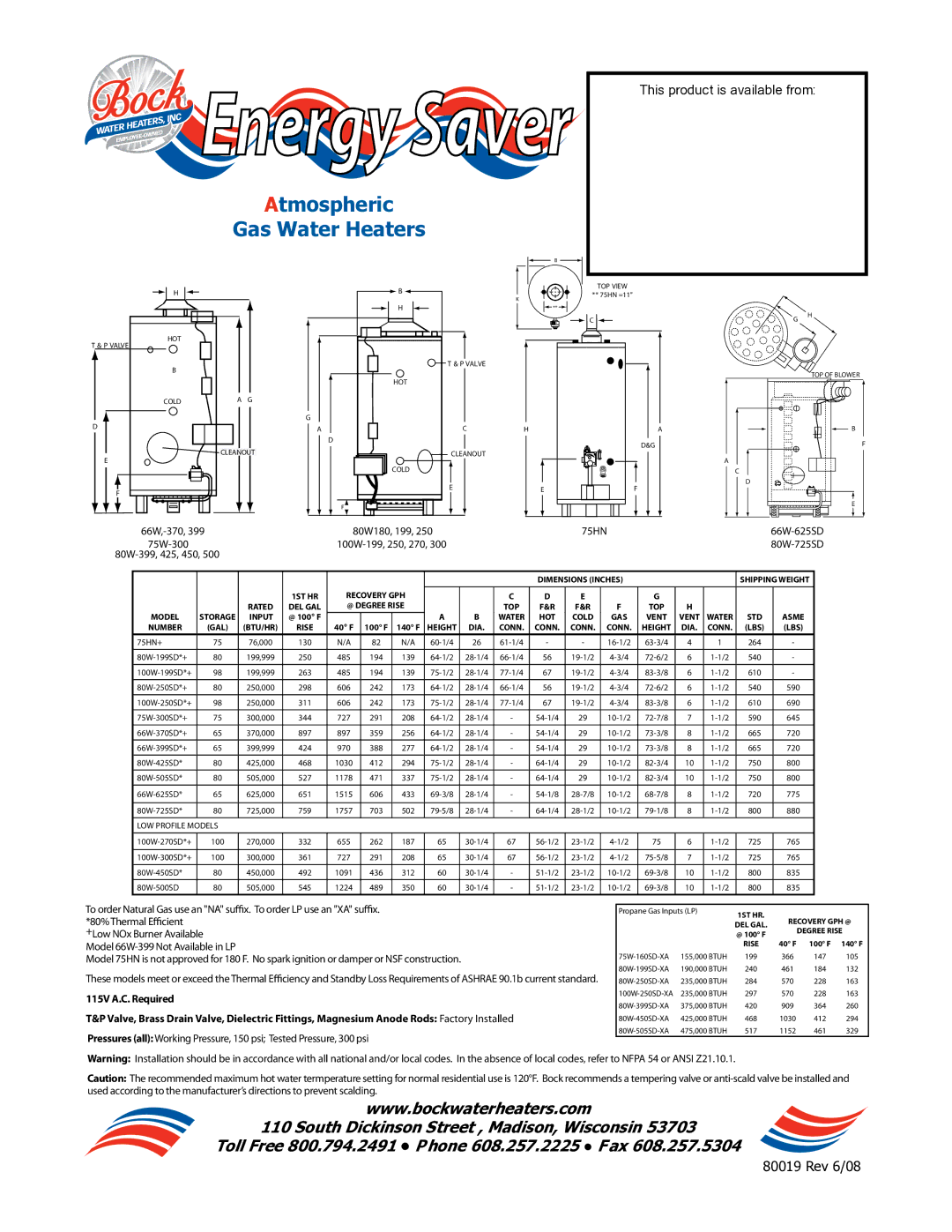 Bock Water heaters 66W-399 manual Atmospheric Gas Water Heaters 