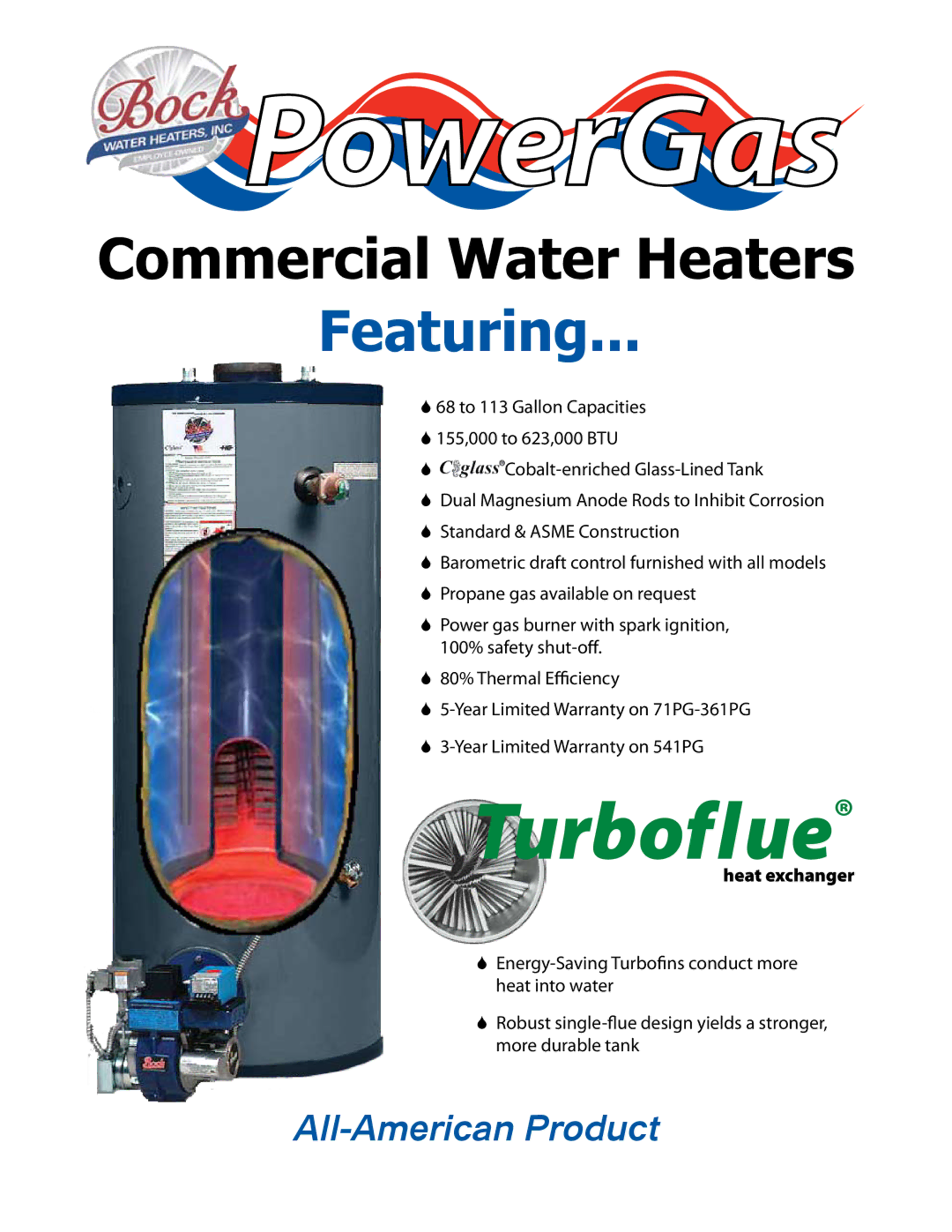 Bock Water heaters 541PG, 71PG-361PG warranty PowerGas, Turboflue, Featuring, Heat exchanger 