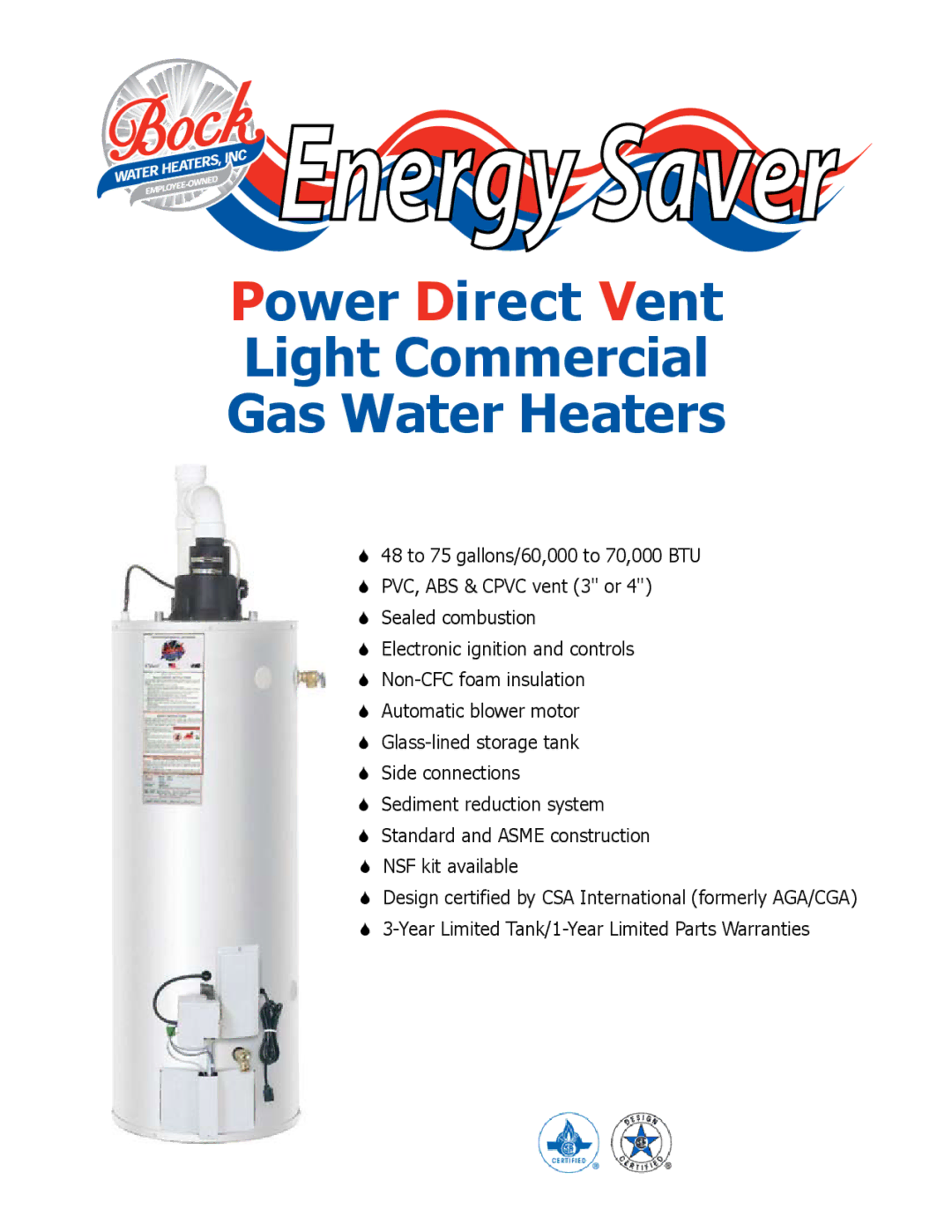 Bock Water heaters 80030 manual Energy Saver, Power Direct Vent Light Commercial Gas Water Heaters 