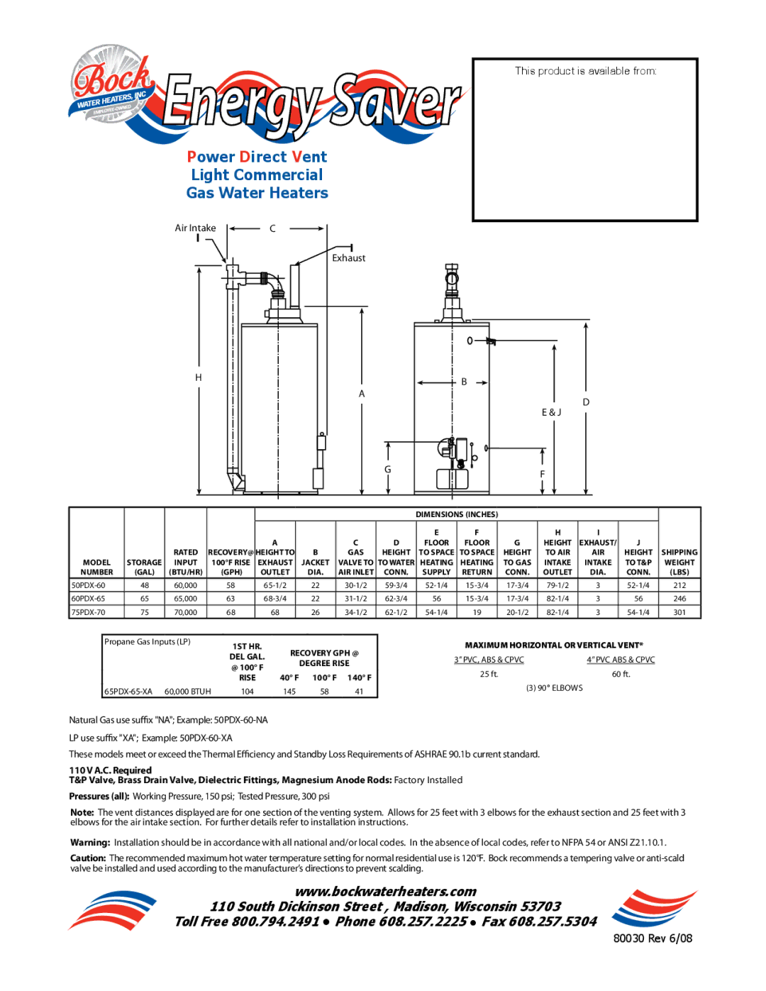 Bock Water heaters 80030 manual Energy Saver, Power Direct Vent Light Commercial Gas Water Heaters 