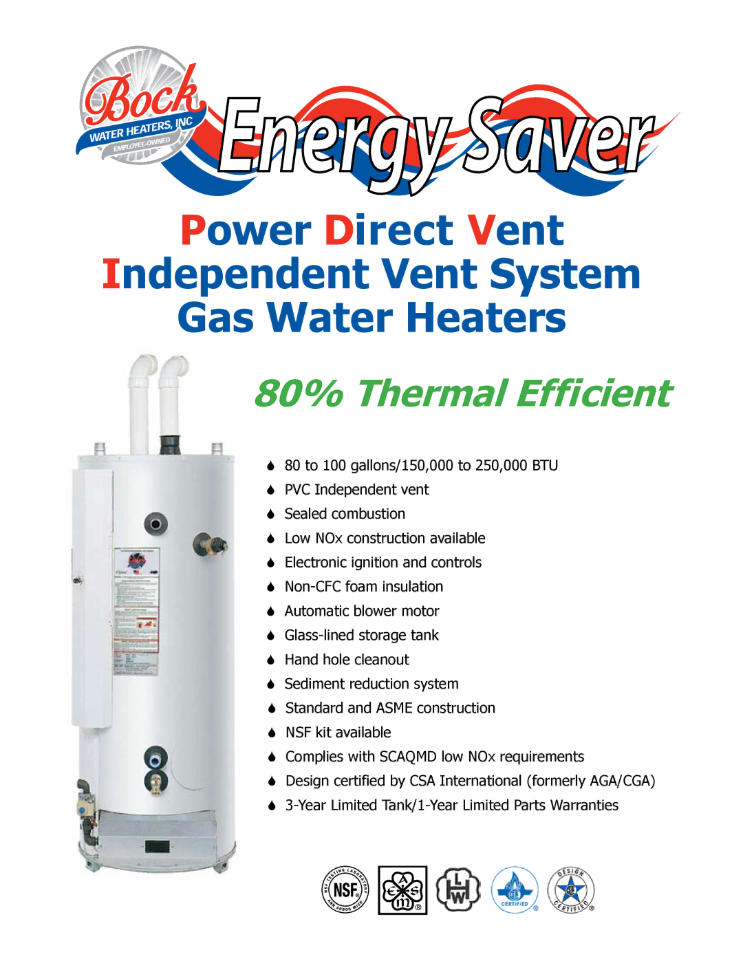 Bock Water heaters 80PDVI-250-NA-A manual Energy Saver, Power Direct Vent Independent Vent System Gas Water Heaters 