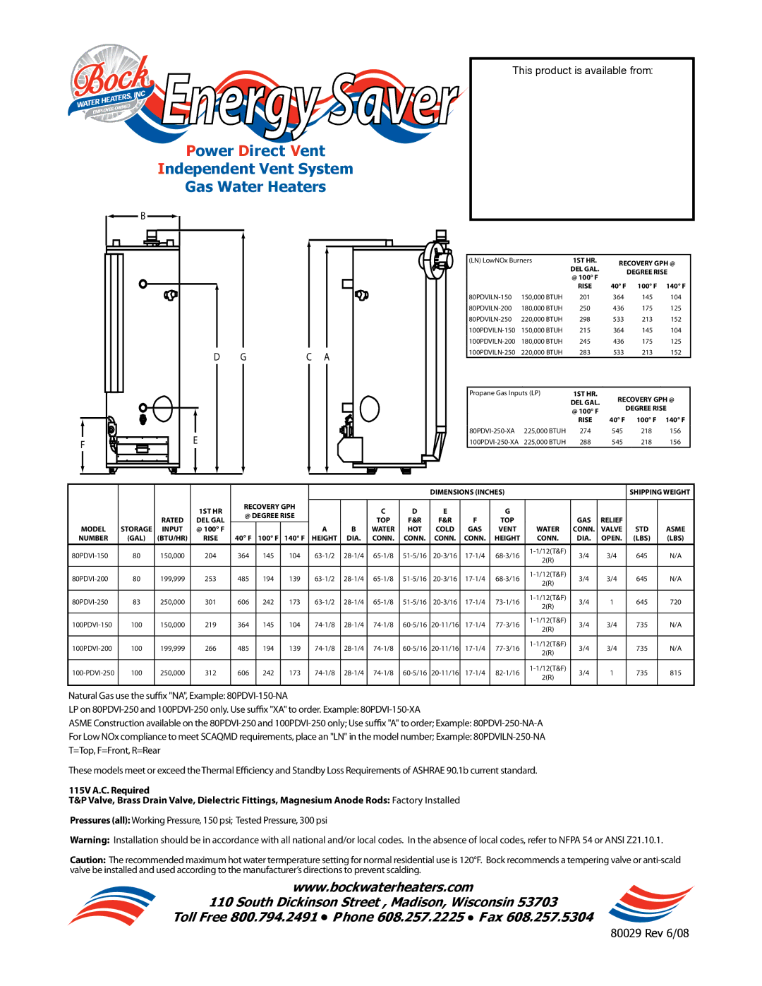 Bock Water heaters 80PDVI-250-XA 225 manual Energy Saver, Power Direct Vent Independent Vent System Gas Water Heaters, C a 