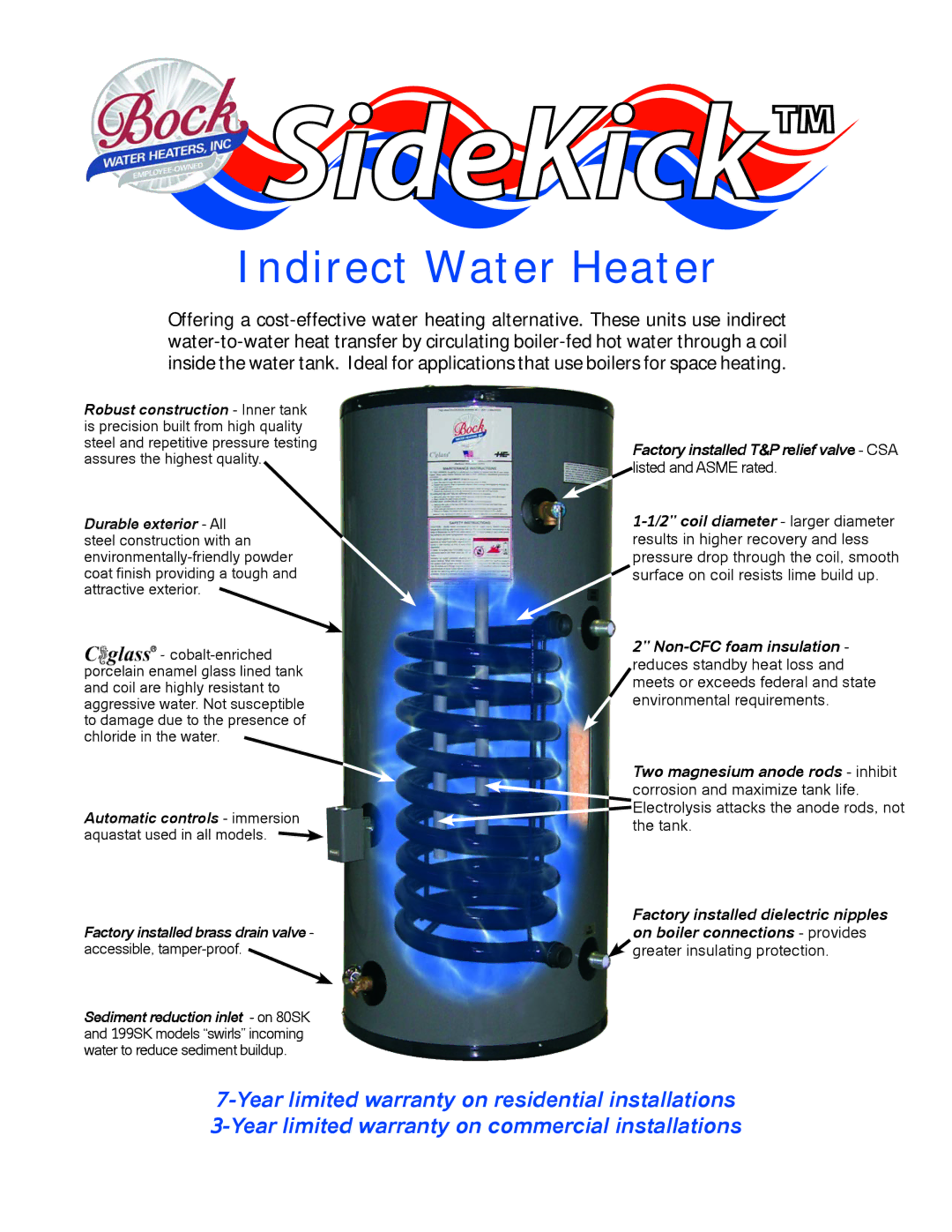 Bock Water heaters 199SK, 80SK warranty SideKick, Indirect Water Heater, Accessible, tamper-proof, Listed and Asme rated 