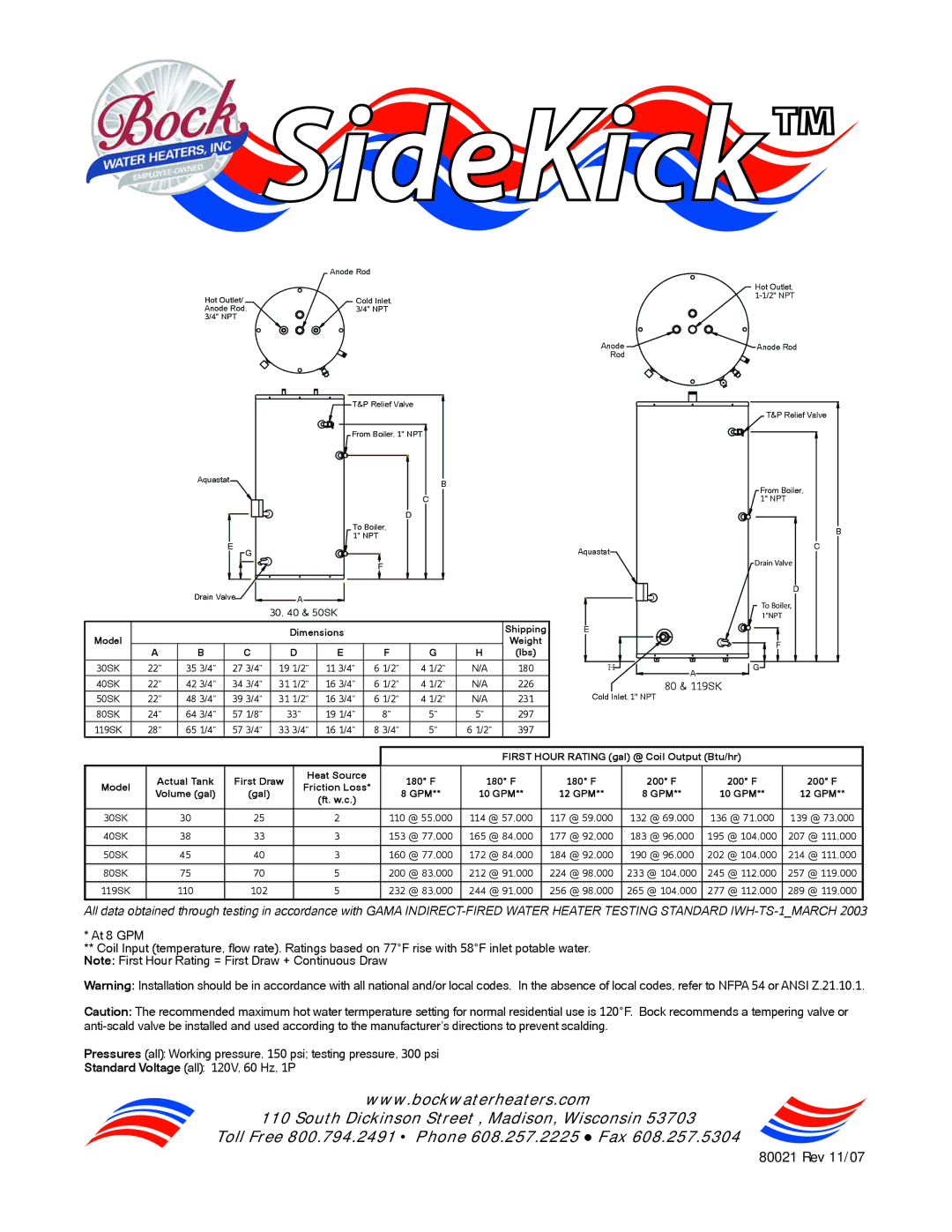 Bock Water heaters 80SK 30, 40 & 50SK, 80 & 119SK, 114 @ 57,000, 165 @ 84,000, 172 @ 84,000, 212 @ 91,000, 244 @ 91,000 