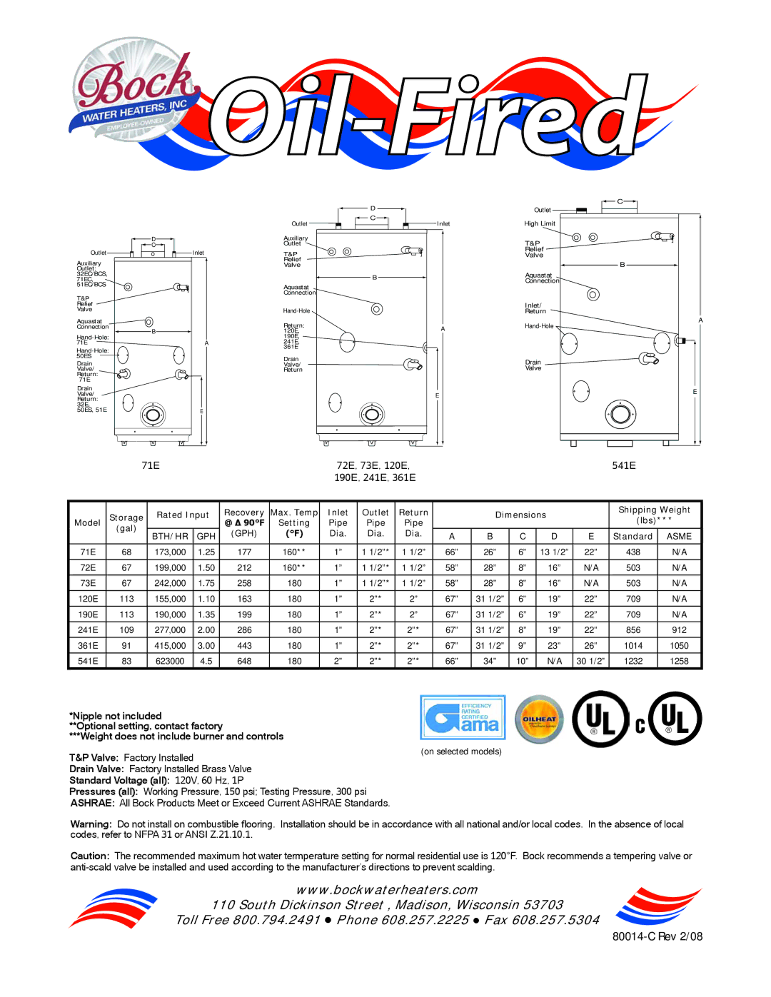 Bock Water heaters Commercial Oil-Fired Water Heaters warranty 71E 72E, 73E, 120E 190E, 241E, 361E 541E, Bth/Hr Gph 