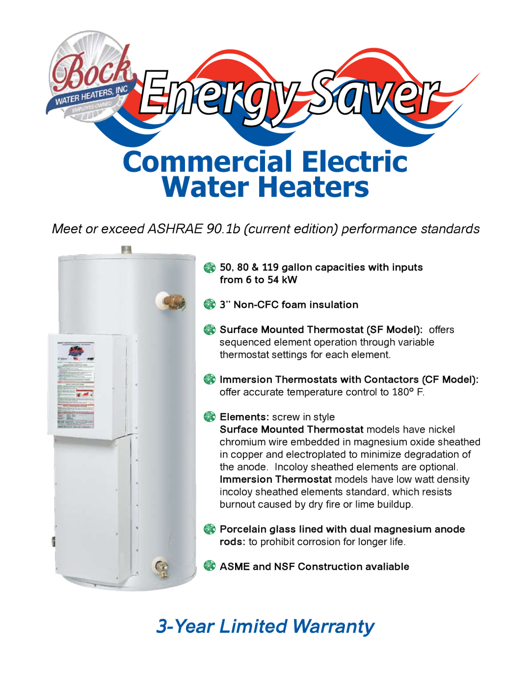 Bock Water heaters Electric Water Heaters warranty Energy Saver 