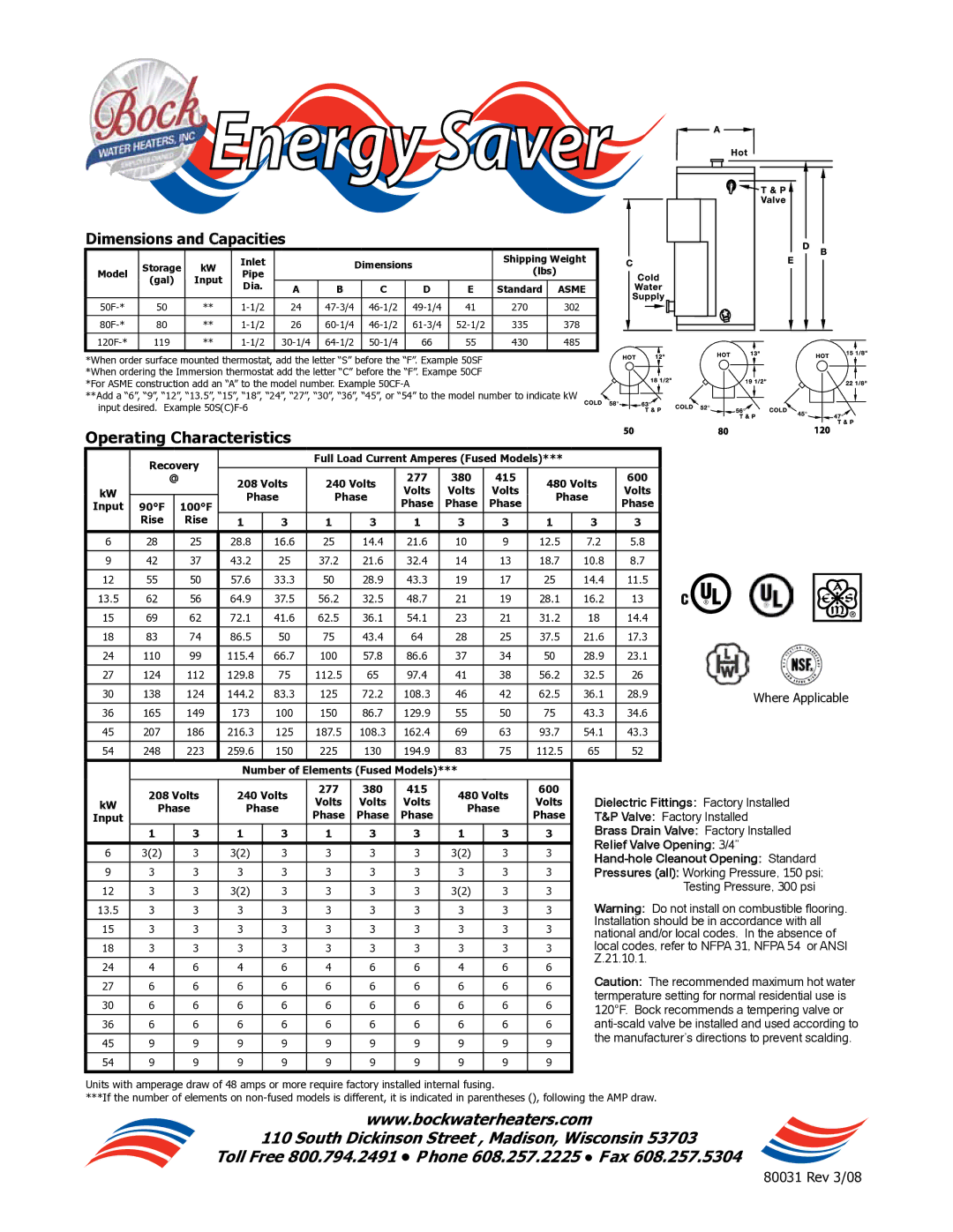 Bock Water heaters Electric Water Heaters warranty Energy Saver 