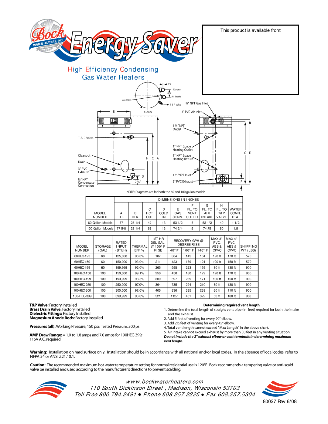 Bock Water heaters High Efficiency Condensing Gas Water Heaters manual Energy Saver, Determining required vent length 