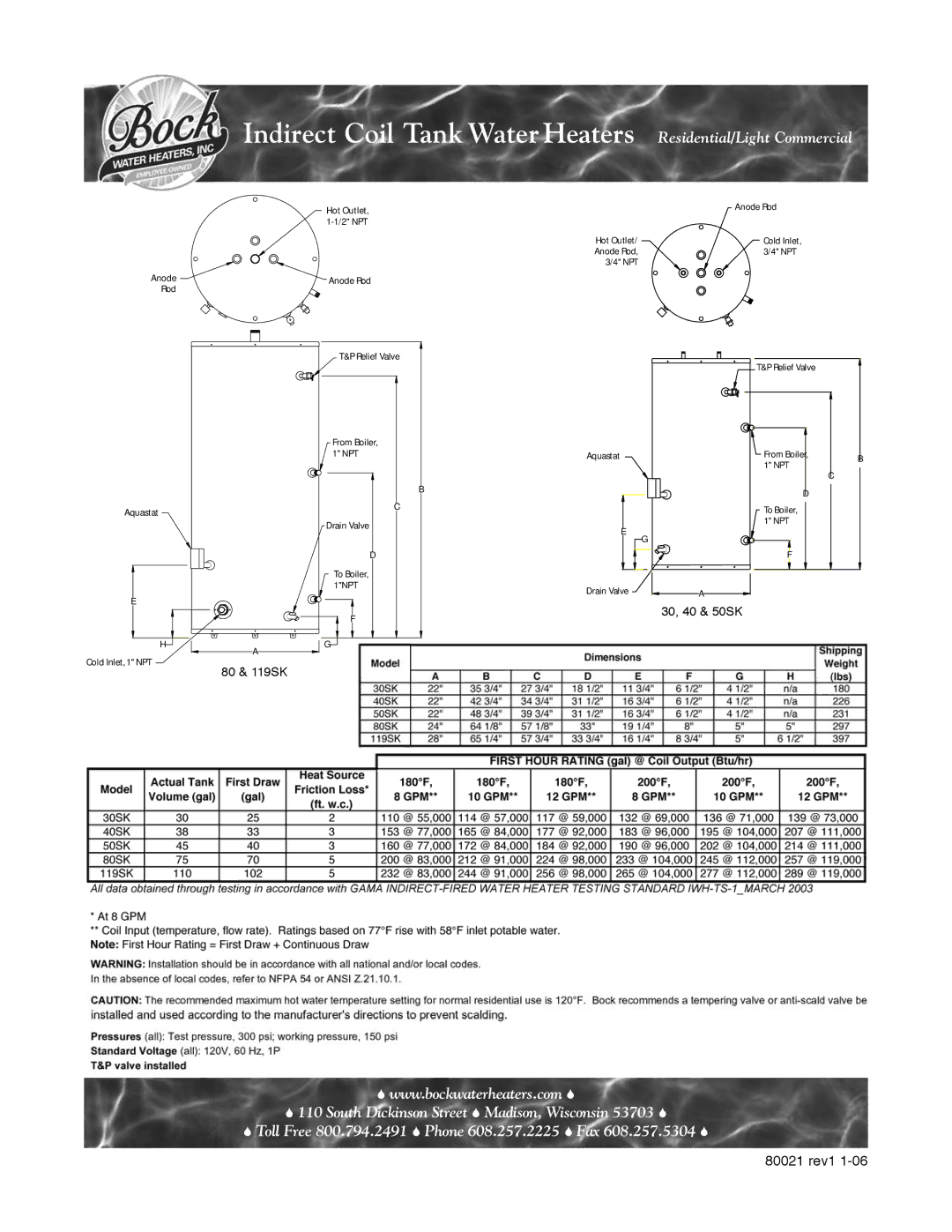 Bock Water heaters Indirect Coil Tank Water Heater warranty 80021 rev1 