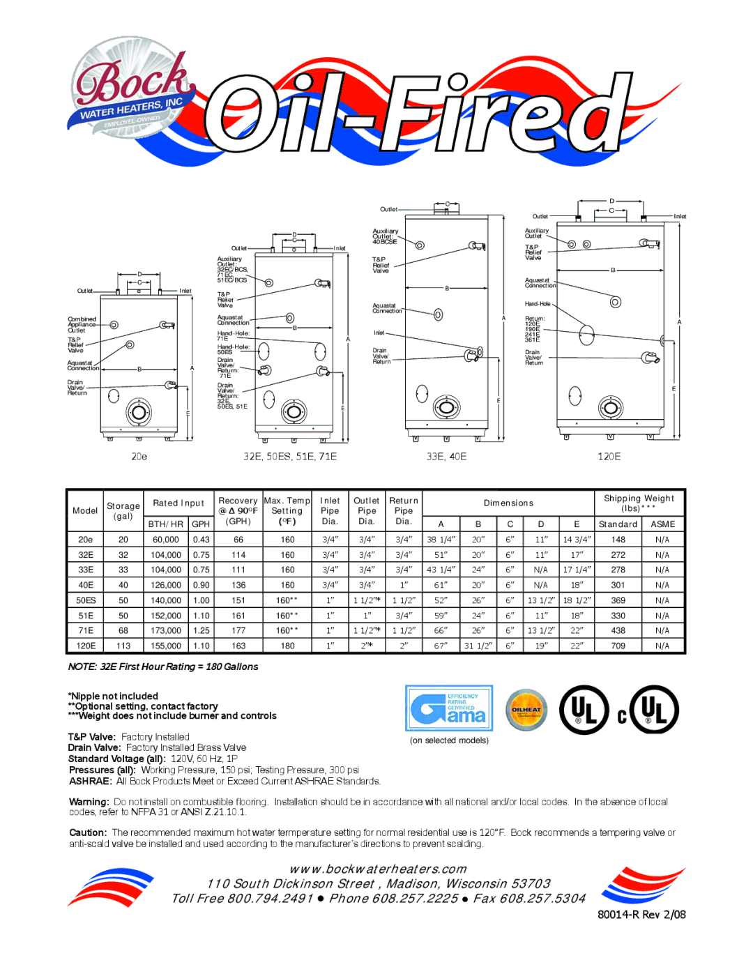 Bock Water heaters Residential Oil-Fired Water Heater warranty 20e, 32E, 50ES, 51E, 71E, 33E, 40E 120E 