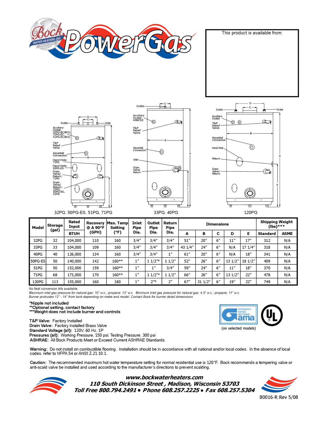 Bock Water heaters Residential Power Gas Water Heater warranty This product is available from, 32PG, 50PG-ES, 51PG, 71PG 