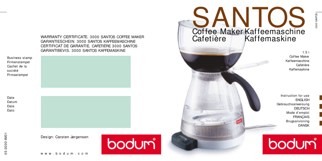 Bodum 05-3000-IM01 warranty Santos 