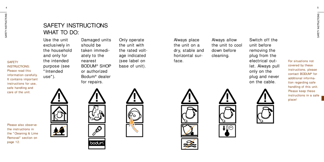 Bodum 05-3000-IM01 warranty Safety Instructions What to do 