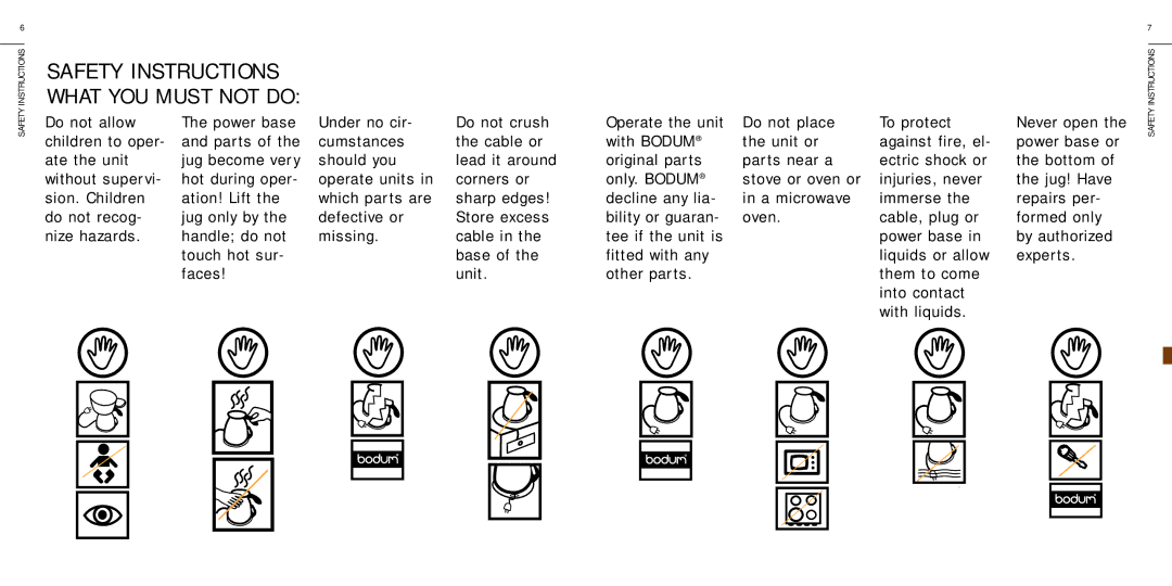 Bodum 05-3000-IM01 warranty Safety Instructions What YOU Must not do 