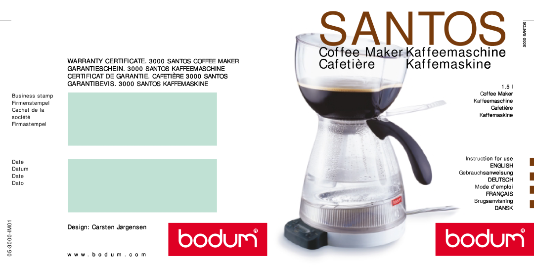 Bodum 05-3000-IM01 warranty Santos, Coffee Maker Kaffeemaschine Cafetière Kaffemaskine, Design Carsten Jørgensen 