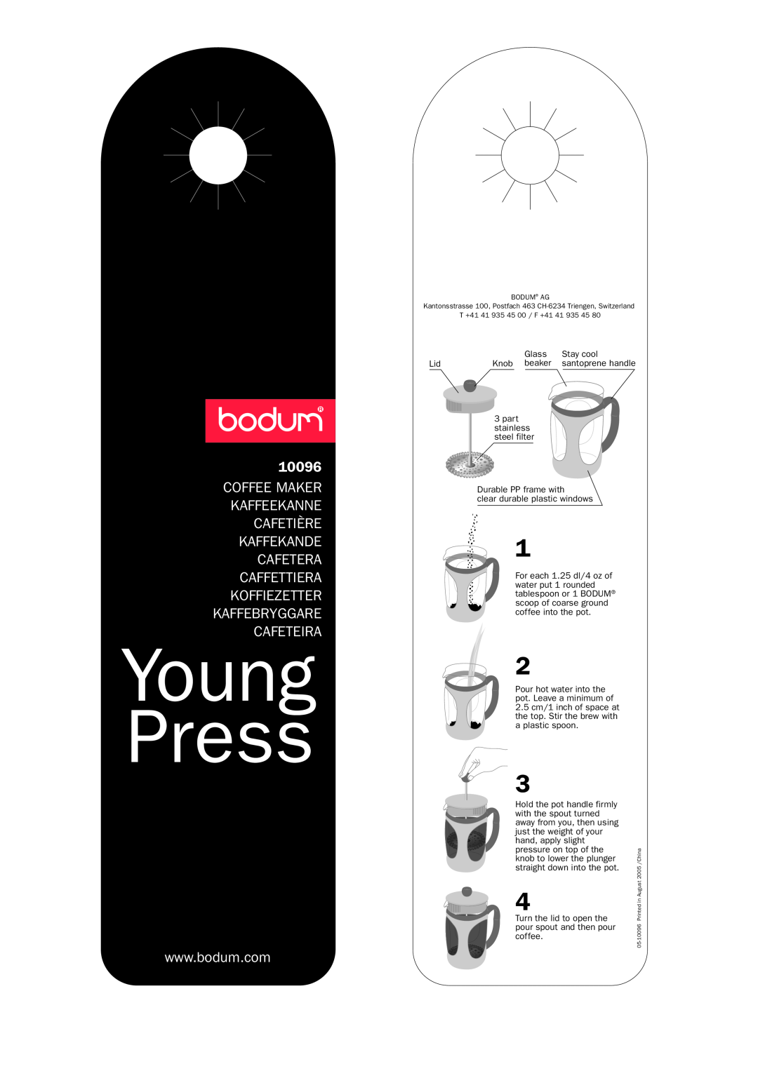 Bodum 10096 manual Young Press, Cafeteira 
