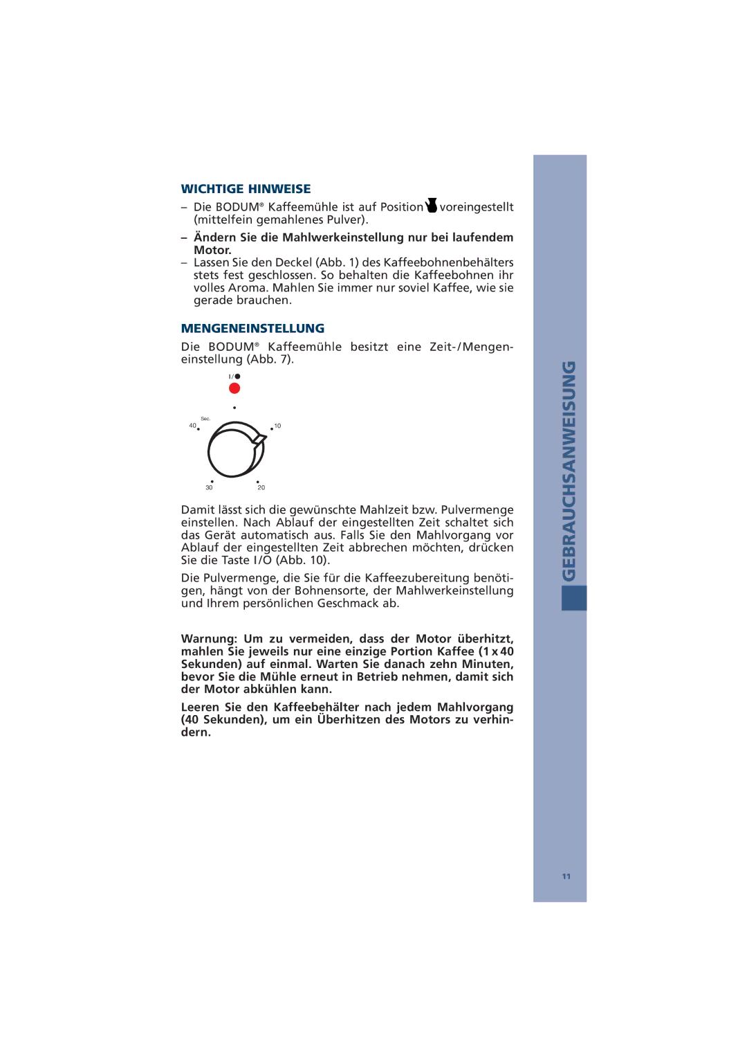 Bodum 10539, 10462 manual Wichtige Hinweise, Mengeneinstellung 