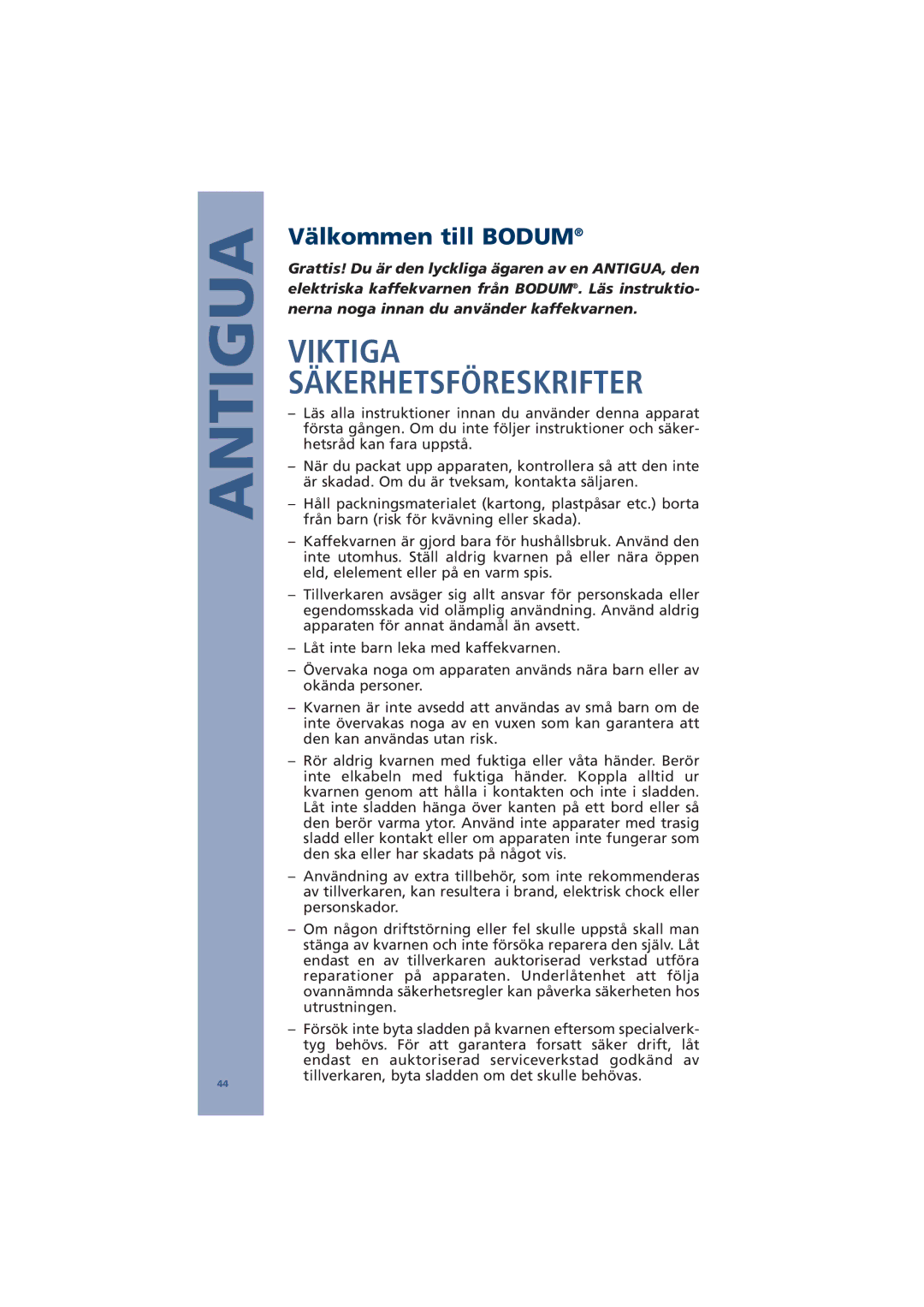 Bodum 10539, 10462 manual Viktiga Säkerhetsföreskrifter, Välkommen till Bodum 