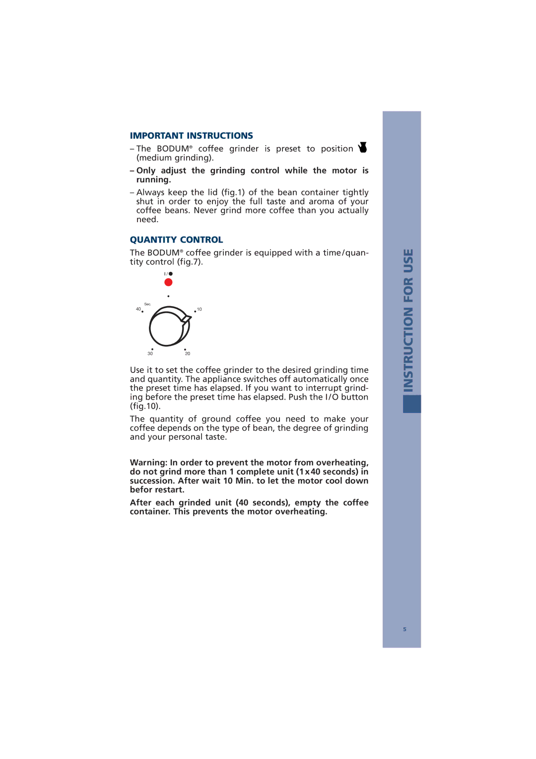 Bodum 10539, 10462 manual Important Instructions, Quantity Control 