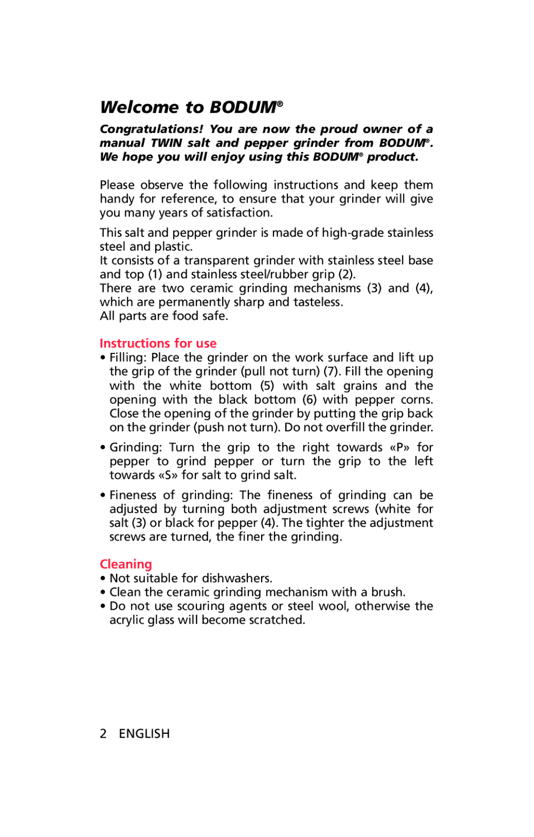 Bodum 10579 manual Welcome to Bodum, Instructions for use, Cleaning 