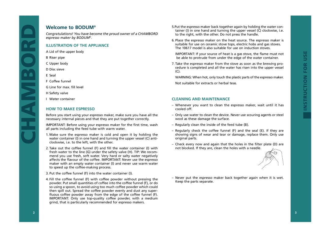 Bodum 10617, 10616 manual Welcome to Bodum, Illustration of the Appliance, HOW to Make Espresso, Cleaning and Maintenance 