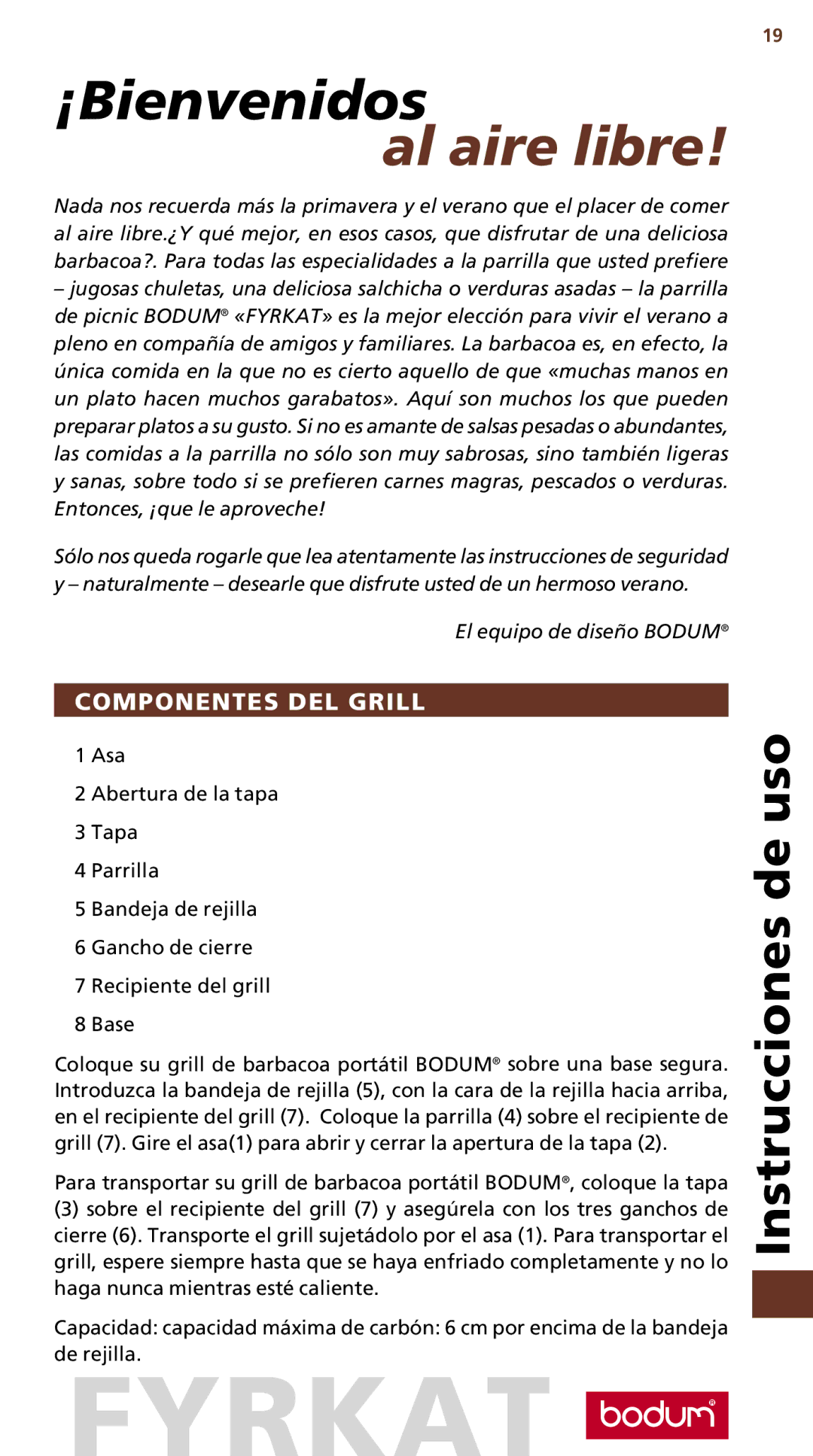 Bodum 10630 manual Al aire libre, Componentes DEL Grill 