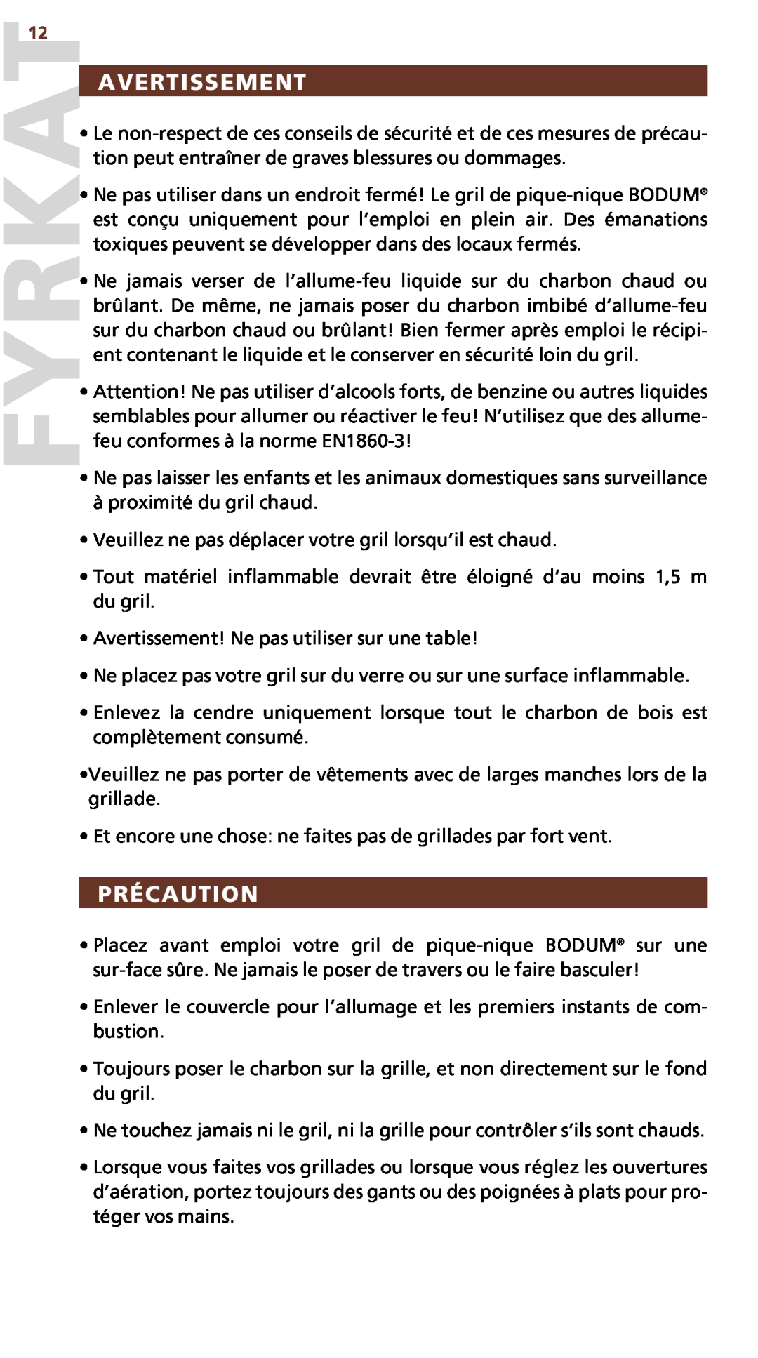 Bodum 10630 manual Avertissement, Précaution 