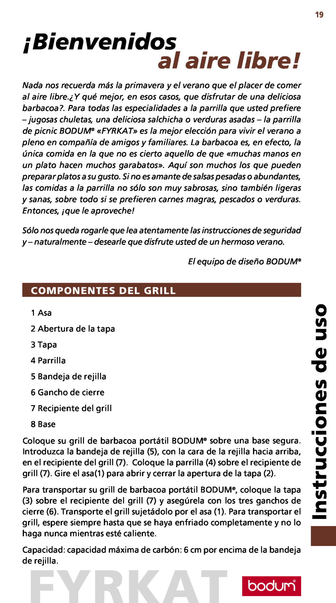 Bodum 10630 manual ¡Bienvenidos, al aire libre, Instrucciones de uso, Componentes Del Grill, fyrkat 