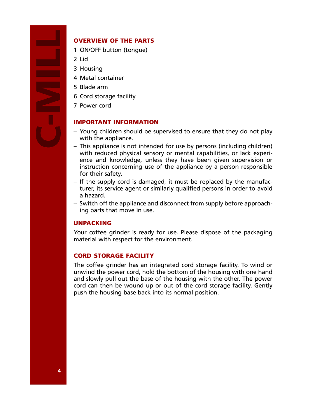 Bodum 10713 manual Overview of the Parts, Important Information, Unpacking, Cord Storage Facility 