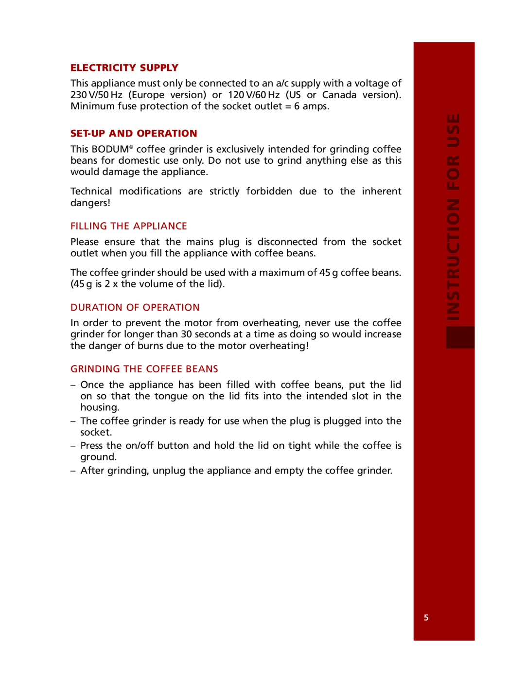 Bodum 10713 manual Electricity Supply, SET-UP and Operation, Filling the Appliance, Duration of Operation 