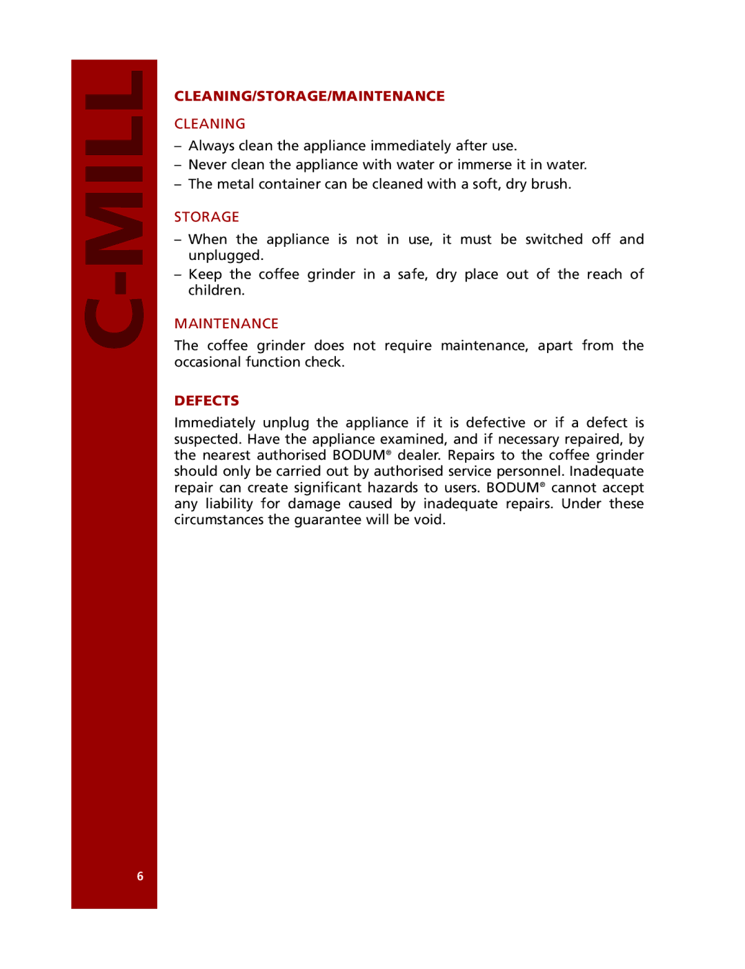 Bodum 10713 manual Cleaning/Storage/Maintenance, Defects 