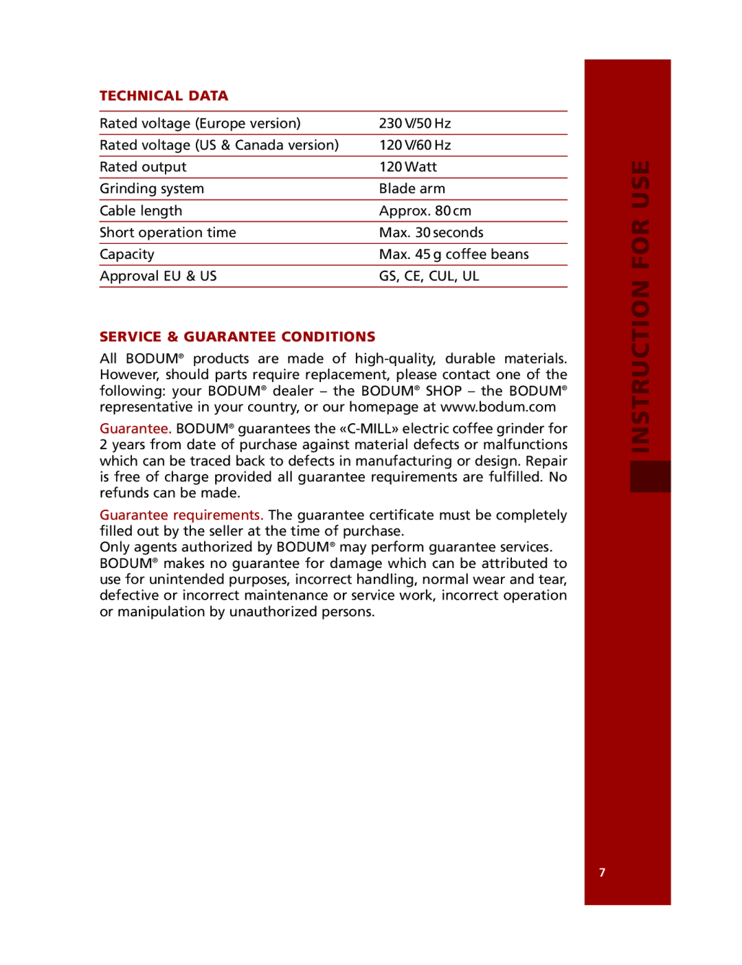 Bodum 10713 manual Technical Data, Service & Guarantee Conditions 