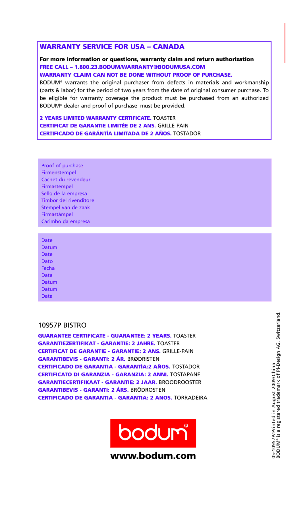 Bodum 10957P manual Warranty Service for USA Canada 