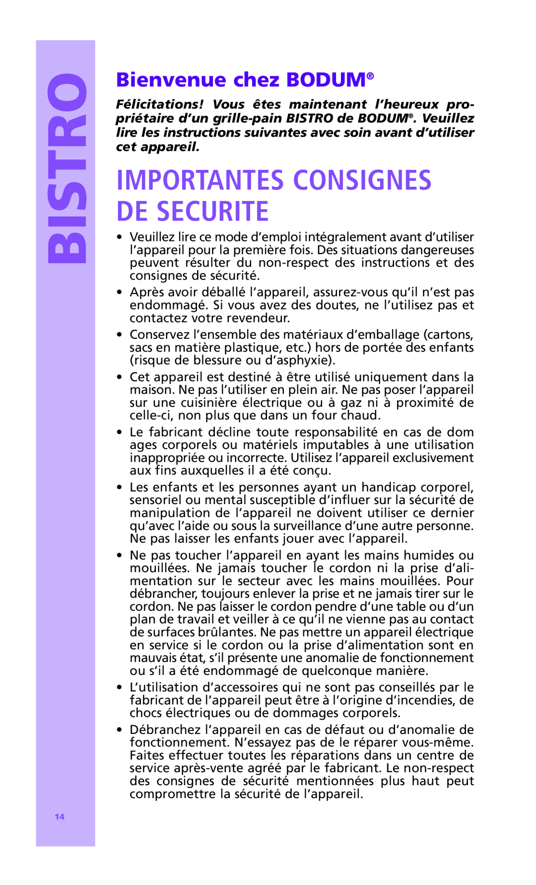Bodum 10957P manual Importantes Consignes De Securite, Bienvenue chez BODUM, Bistro 
