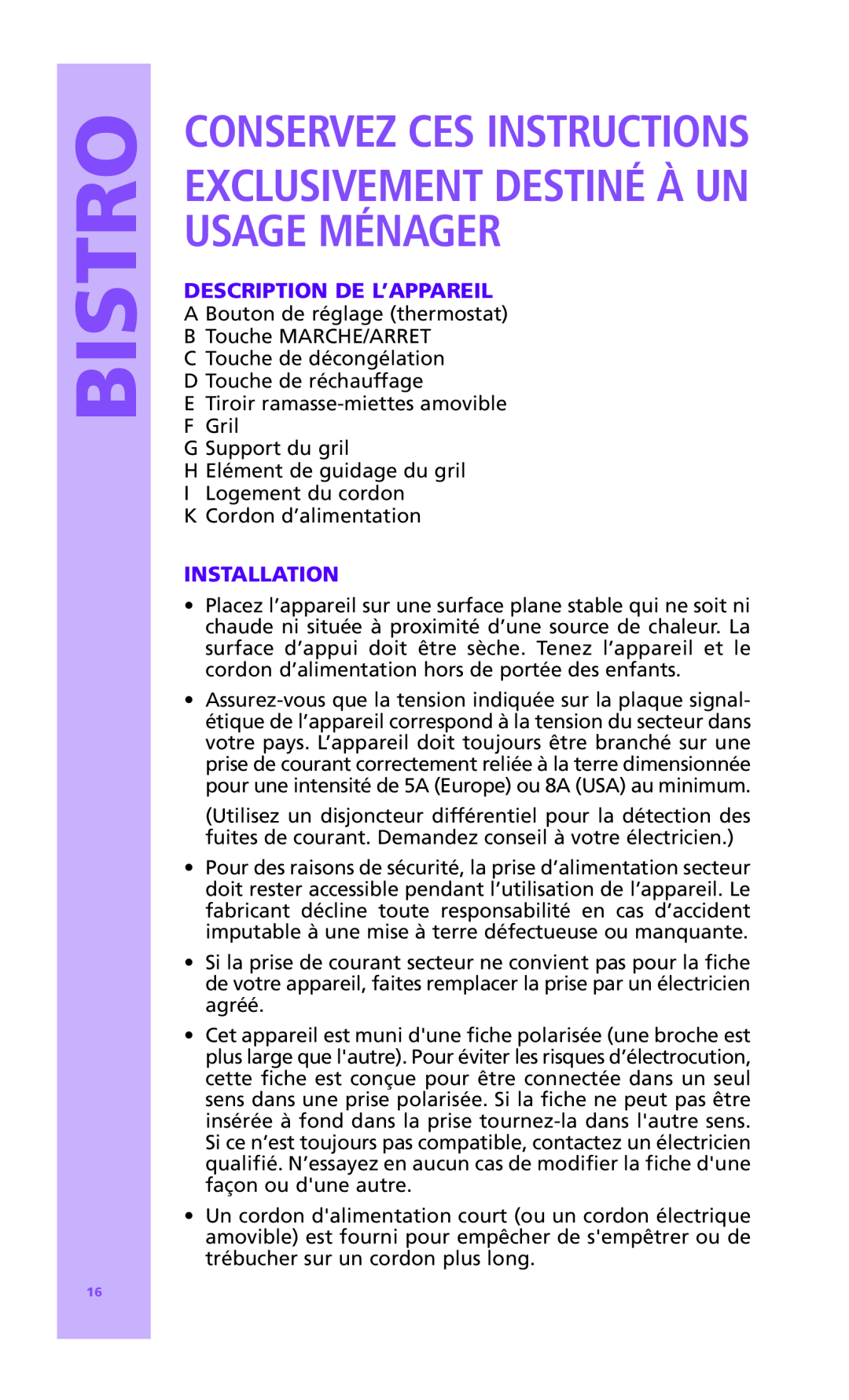Bodum 10957P manual Exclusivement Destiné À Un Usage Ménager, Conservez Ces Instructions, Description De L’Appareil, Bistro 