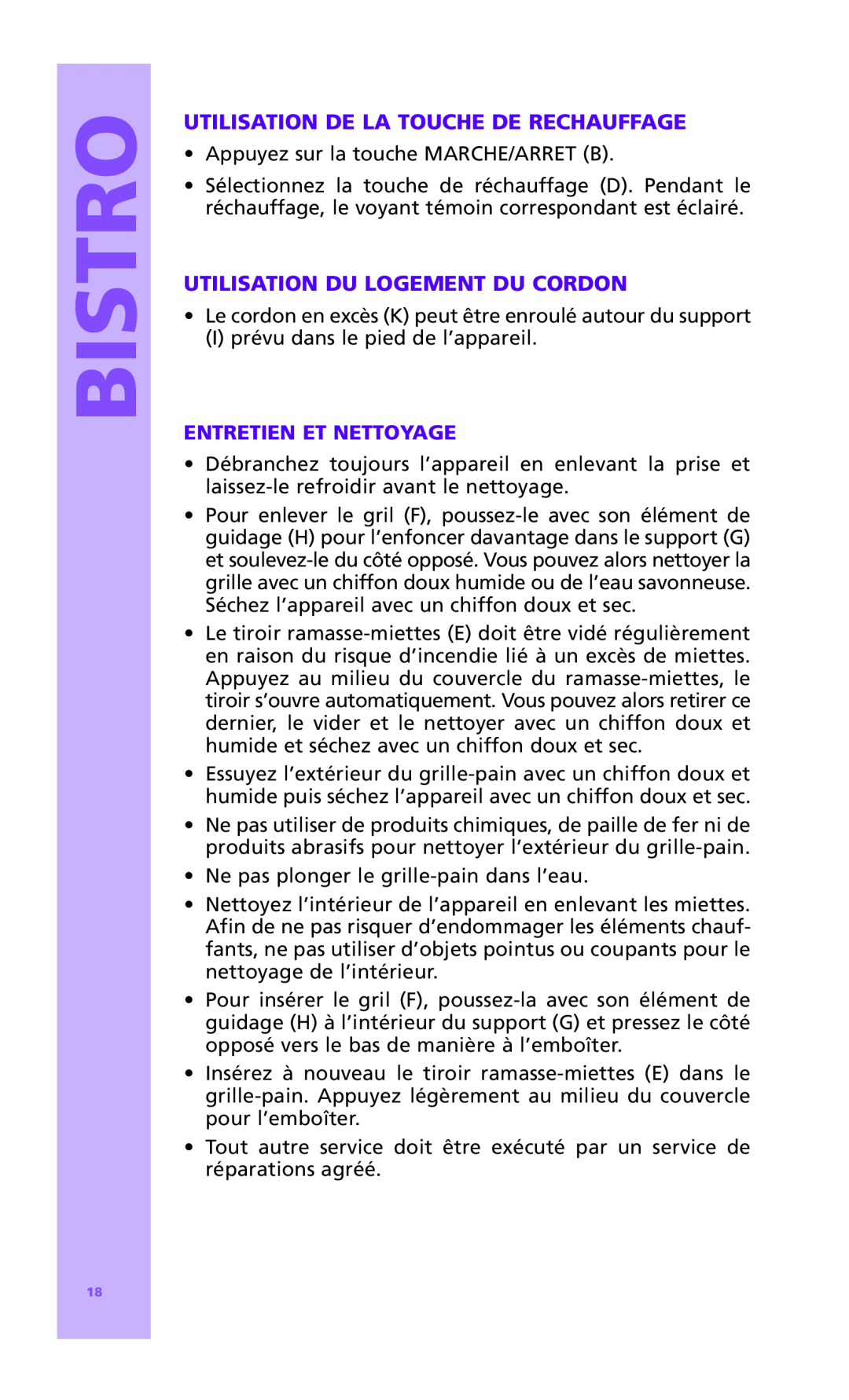 Bodum 10957P Utilisation De La Touche De Rechauffage, Utilisation Du Logement Du Cordon, Entretien Et Nettoyage, Bistro 