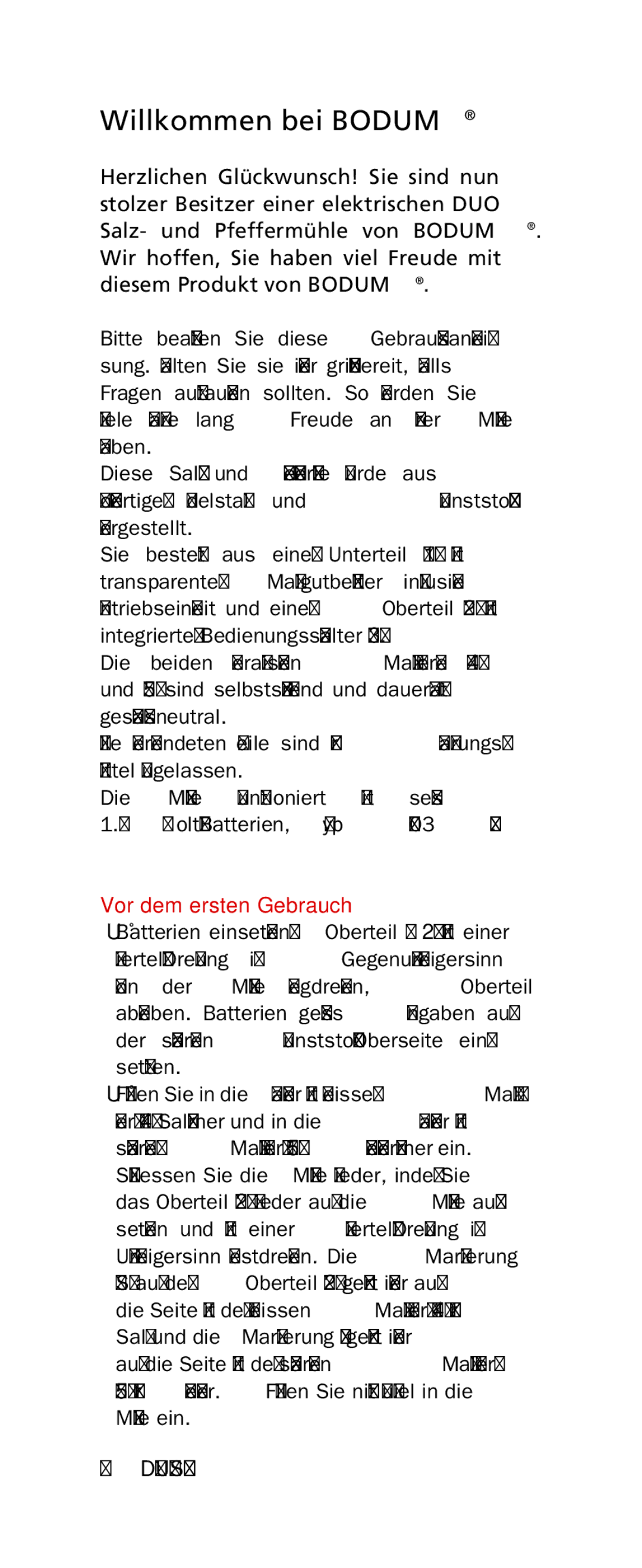 Bodum 10993 manual Willkommen bei Bodum, Vor dem ersten Gebrauch 