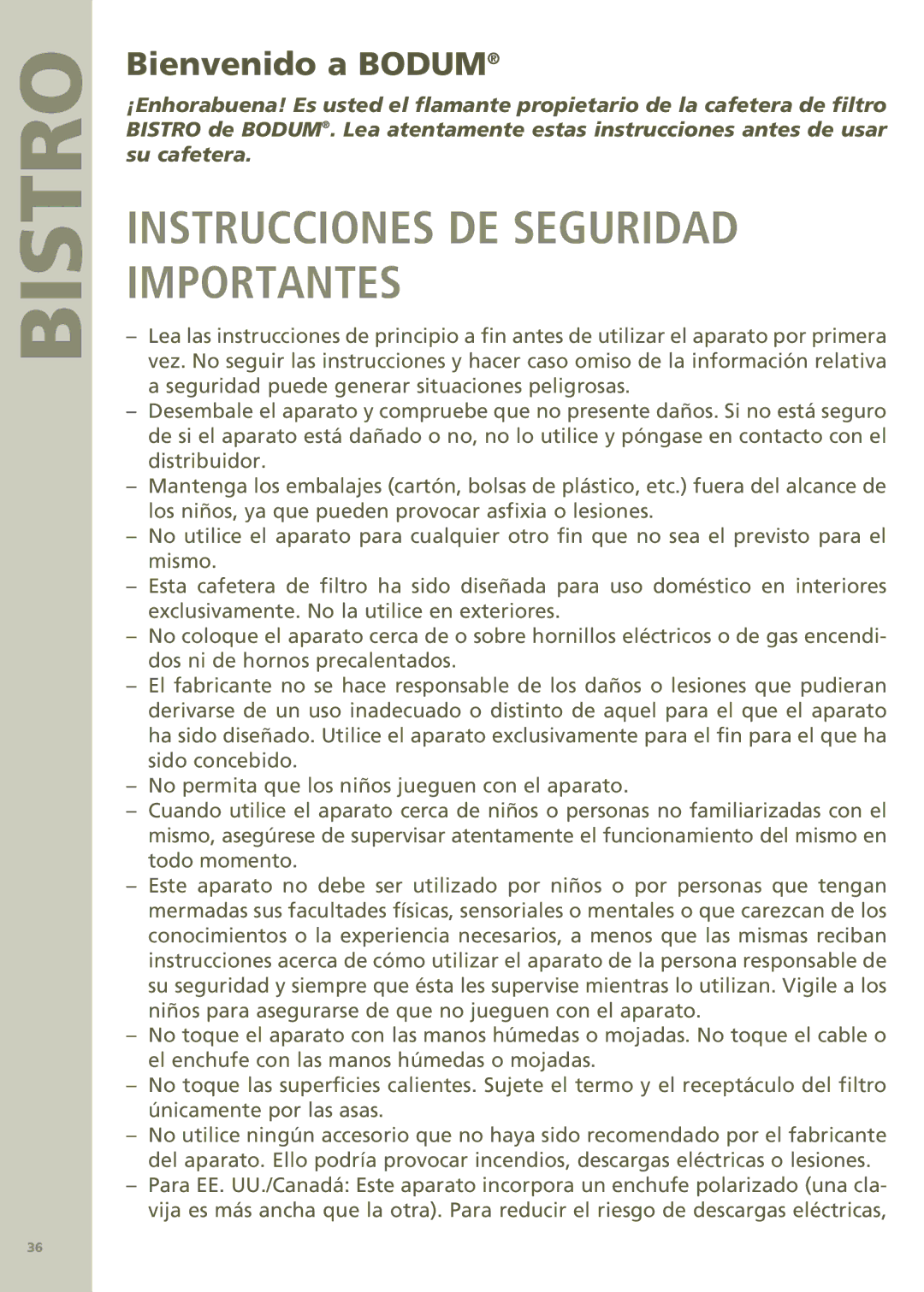 Bodum 11001 manual Instrucciones DE Seguridad Importantes, Bienvenido a Bodum 