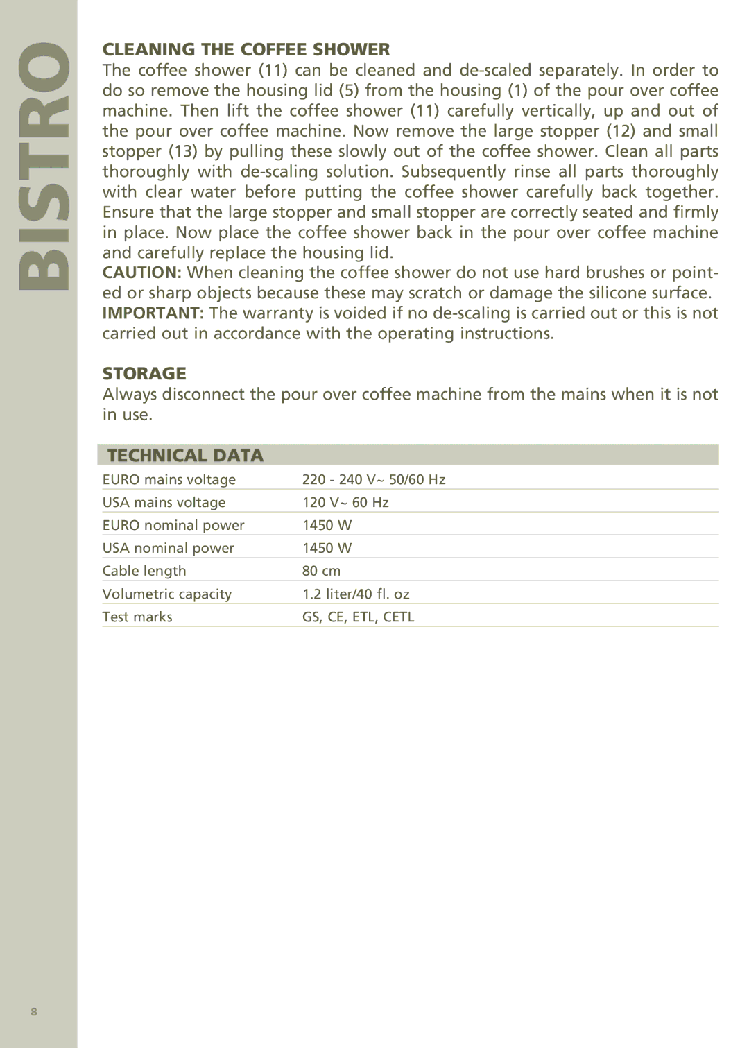 Bodum 11001 manual Storage, Technical Data 