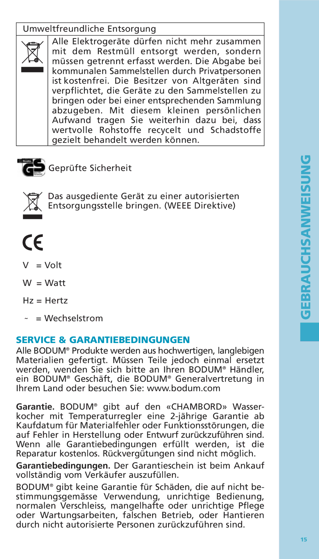 Bodum 11076-16 manual Service & Garantiebedingungen 