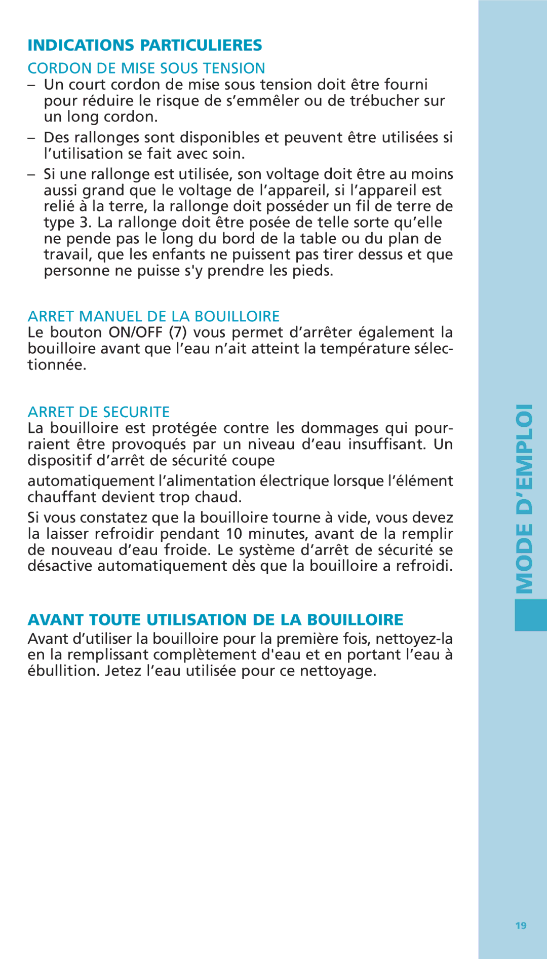 Bodum 11076-16 Indications Particulieres, Cordon DE Mise Sous Tension, Arret Manuel DE LA Bouilloire, Arret DE Securite 