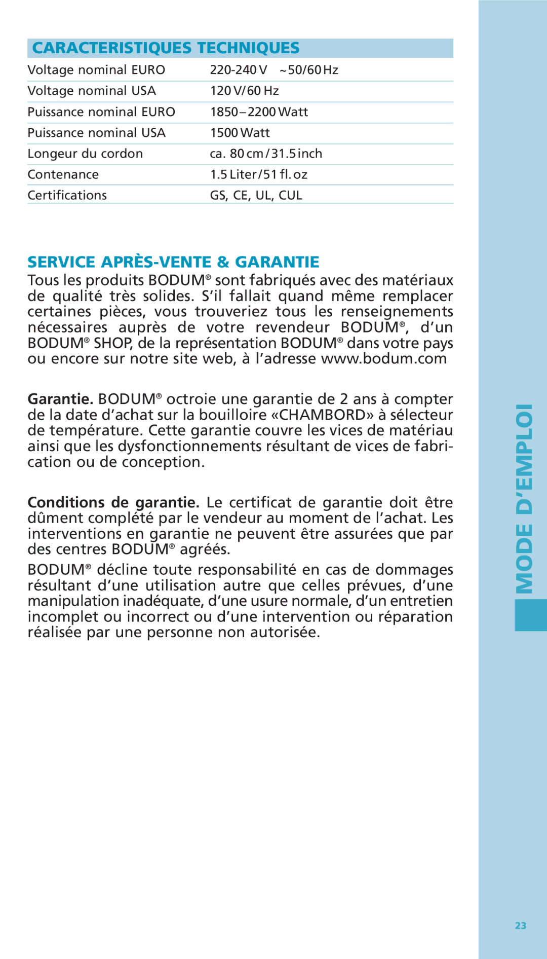 Bodum 11076-16 manual Caracteristiques Techniques, Service APRÈS-VENTE & Garantie 