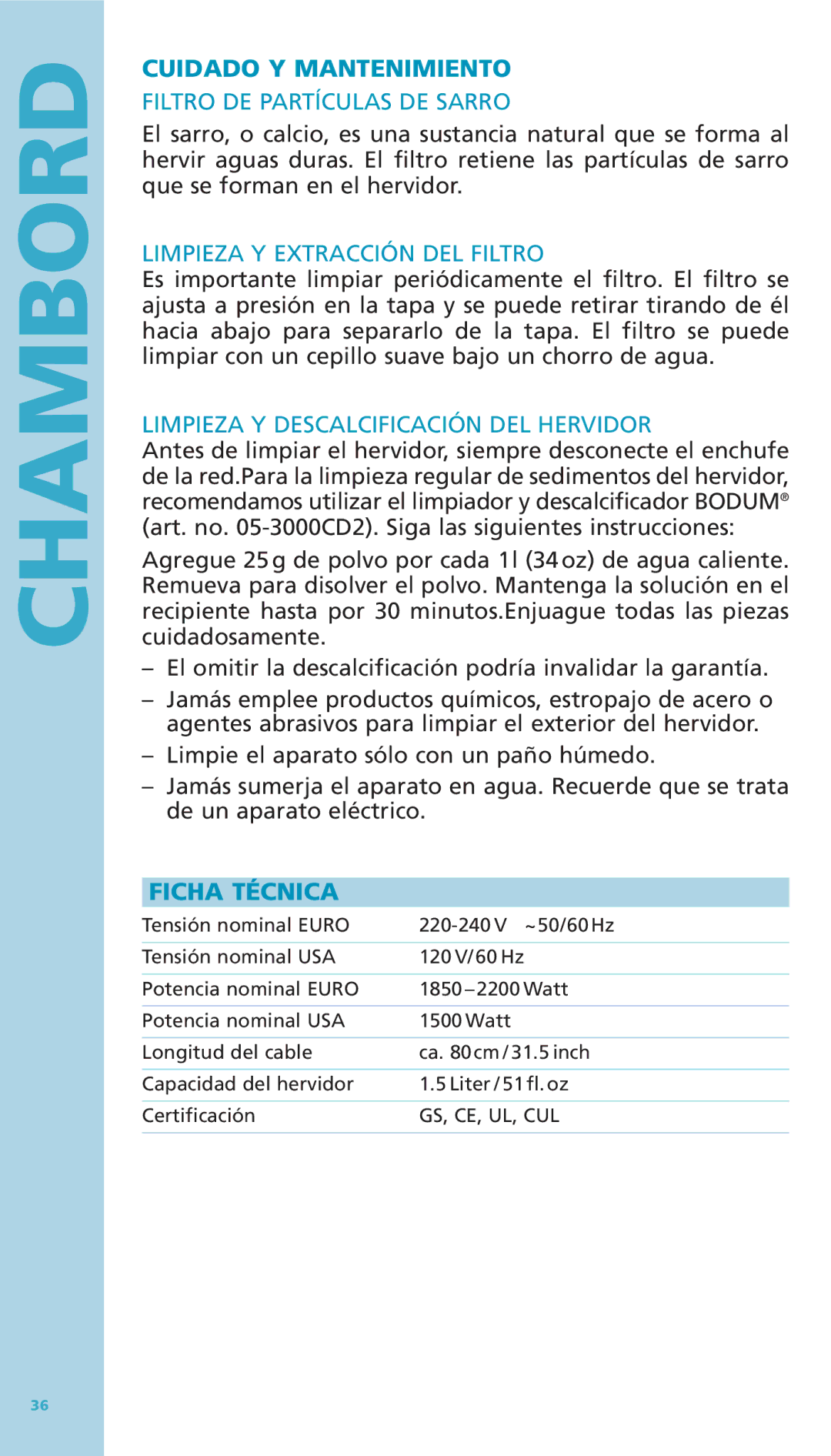 Bodum 11076-16 Cuidado Y Mantenimiento, Filtro DE Partículas DE Sarro, Limpieza Y Extracción DEL Filtro, Ficha Técnica 